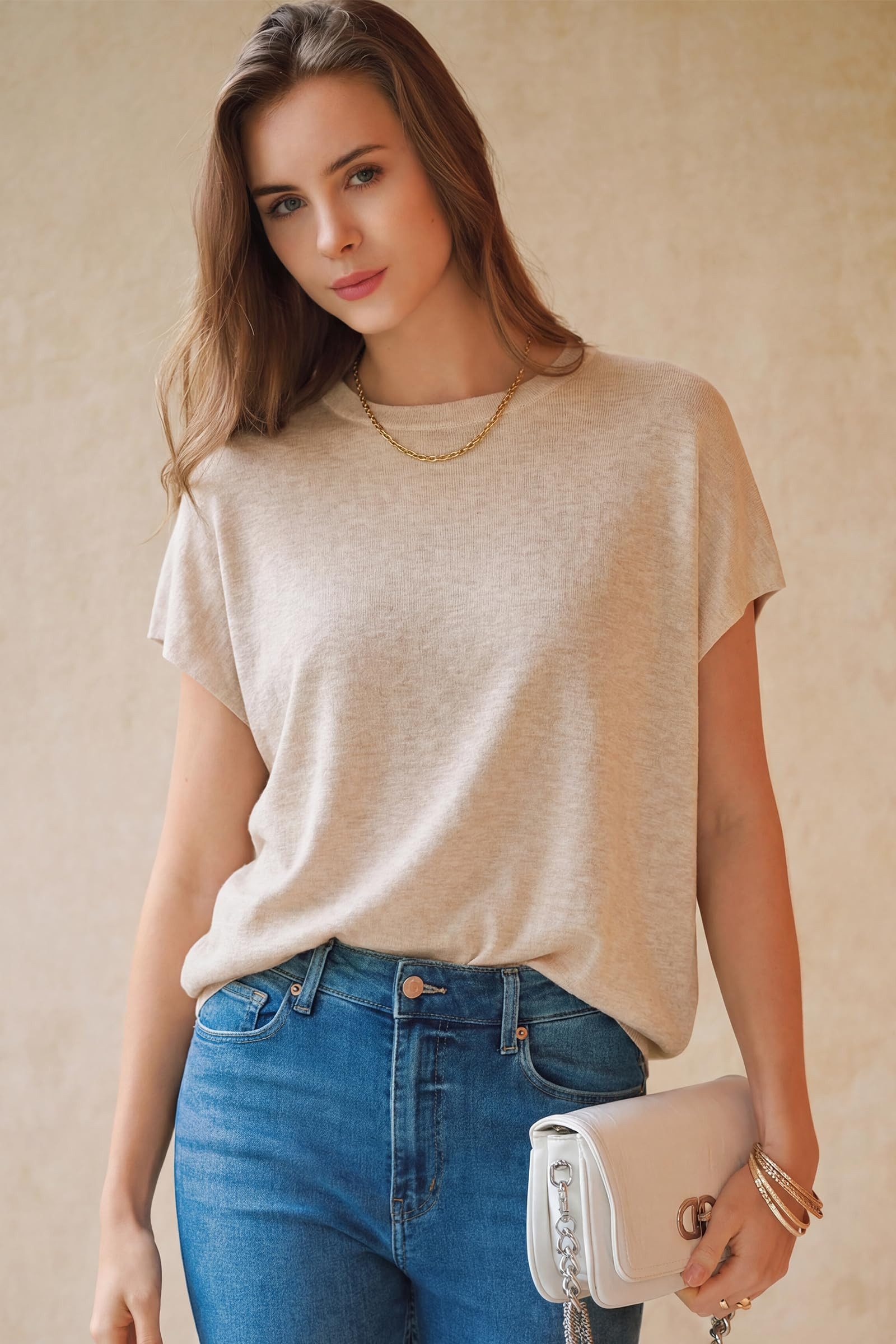 Arach&Cloz Kurzarmshirt Damen Leichter Kaschmir Pullover – Oversized Fit (1-tlg) Weich & Warm für Alltag & Freizeit