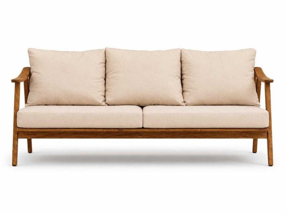 Xlmoebel Gartensofa Modernes 3-Sitzer Gartensofa Beige Holzgestell Polstersofa, 1 Teile, Mit Kissen
