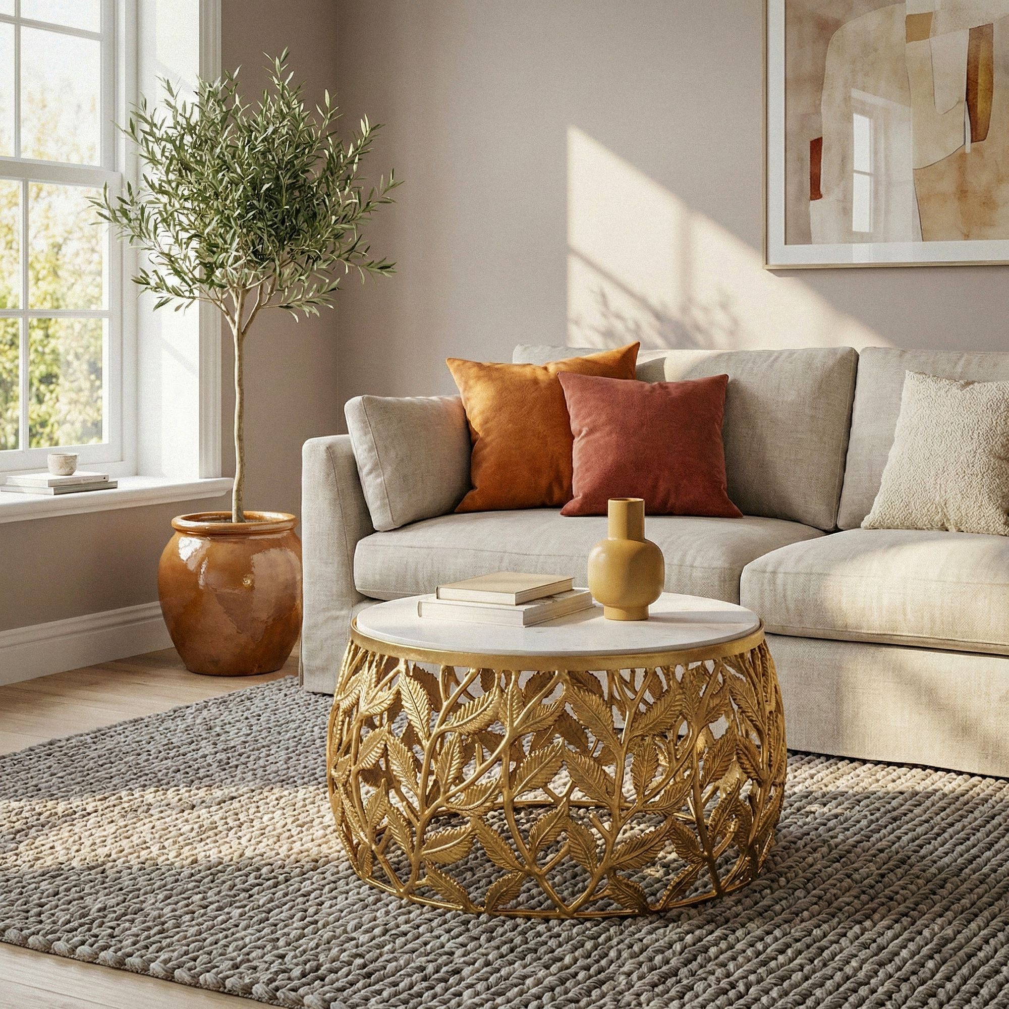 Wohnling Couchtisch WL7.342 60cm Gold Marmor Sofatisch Beistelltisch Wohnzimmertisch Alu (Natürliche Materialien treffen auf modernes Design), Runder Tisch mit stilvoller und stabiler Bauweise