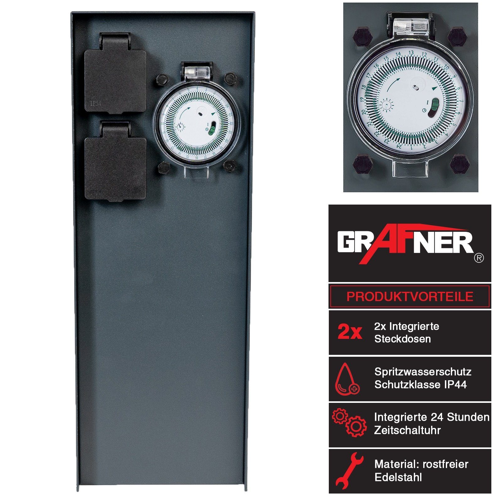 Grafner Gartensteckdose Edelstahl Steckdosensäule mit Timer 2 Außensteckdosen Anthrazit, Anthrazit, Edelstahl