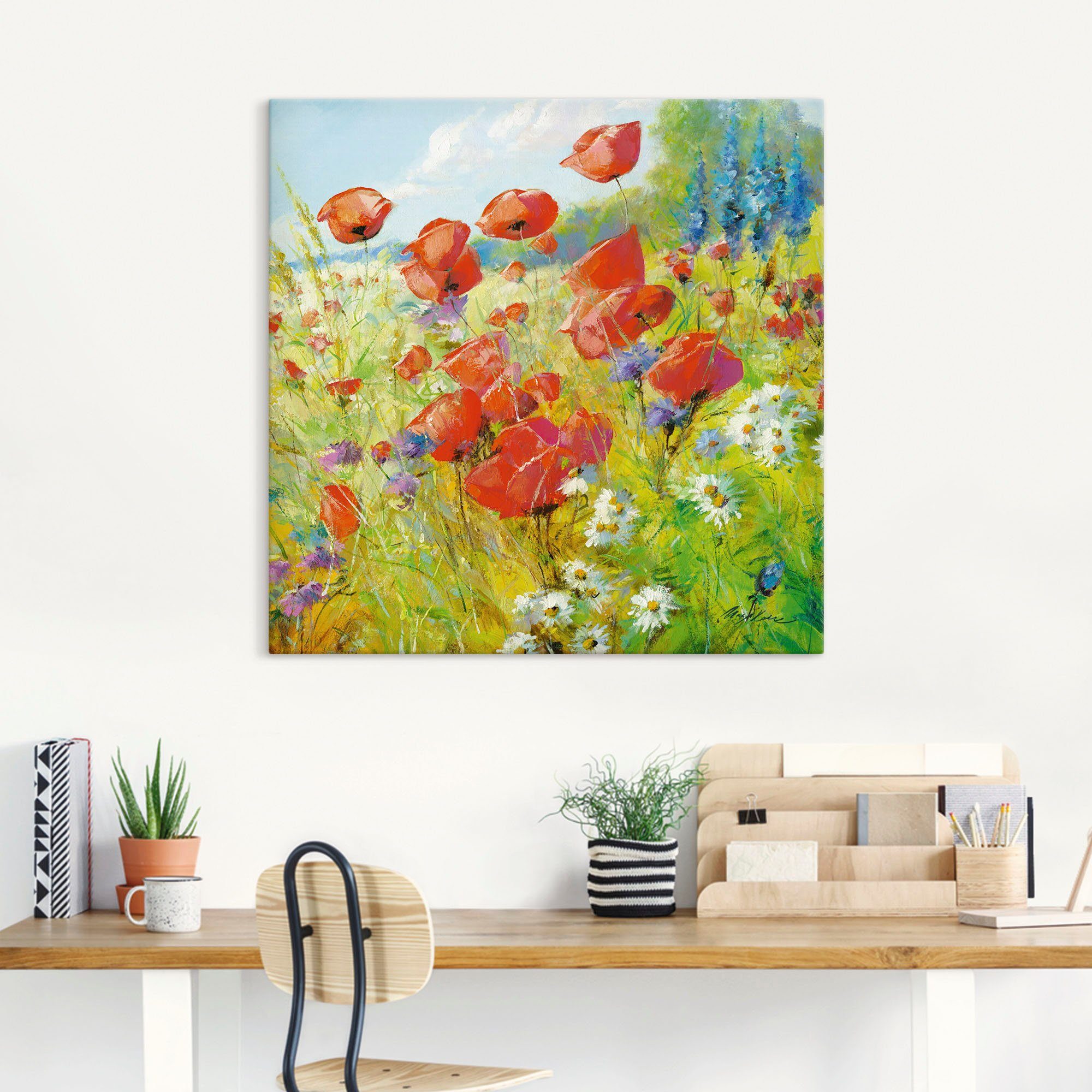 Artland Leinwandbild Sommerwiese mit Mohnblumen, Blumenwiese (1 St), auf Holzrahmen gespannt