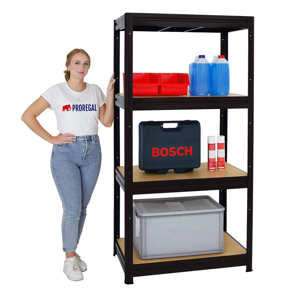 PROREGAL® Schwerlastregal Schwerlastregal DINO, HxBxT 180x90x60cm, Fachlast 600kg, Schwarz, Kellerregal Weitspannregal bis zu 600kg Fachlast & 2400kg Gesamtlast