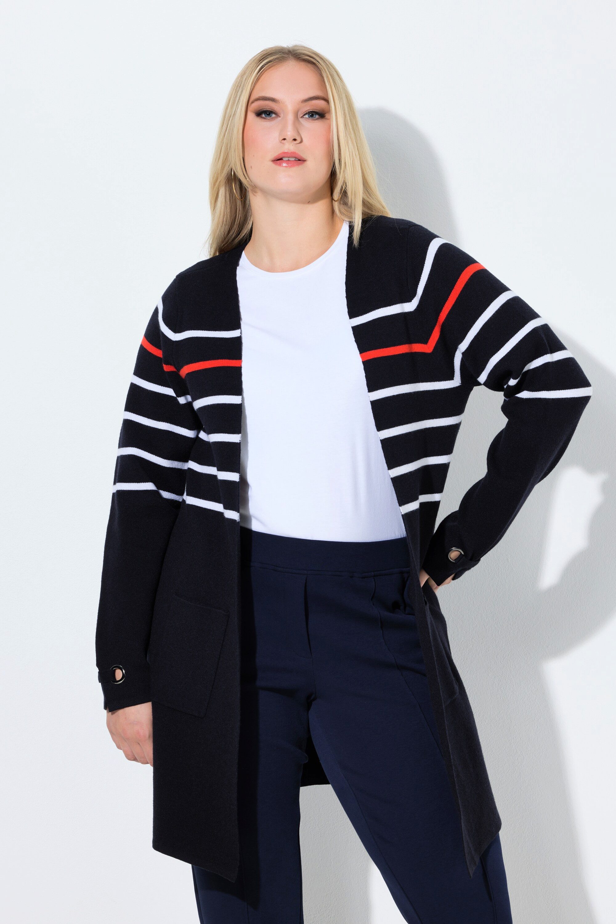 Ulla Popken Langjacke Long-Strickjacke Ringel V-Ausschnitt Langarm