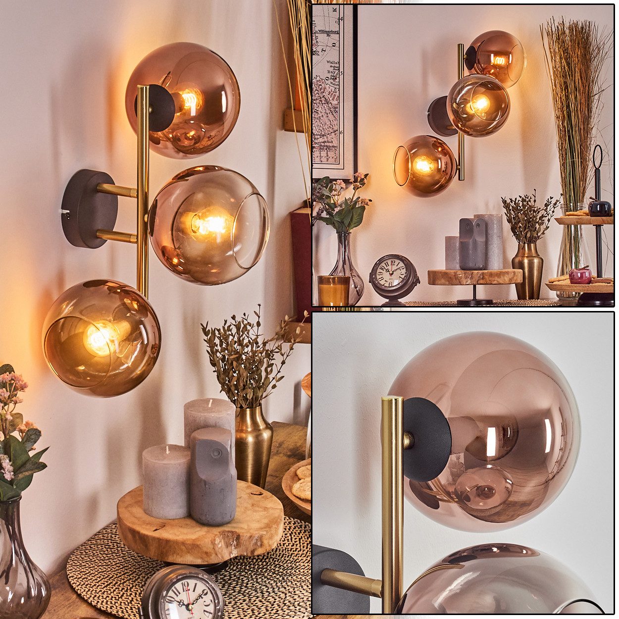 Wandleuchte Wandlampe aus Metall/Glas in Schwarz/Gold-/Kupferfarben/Klar