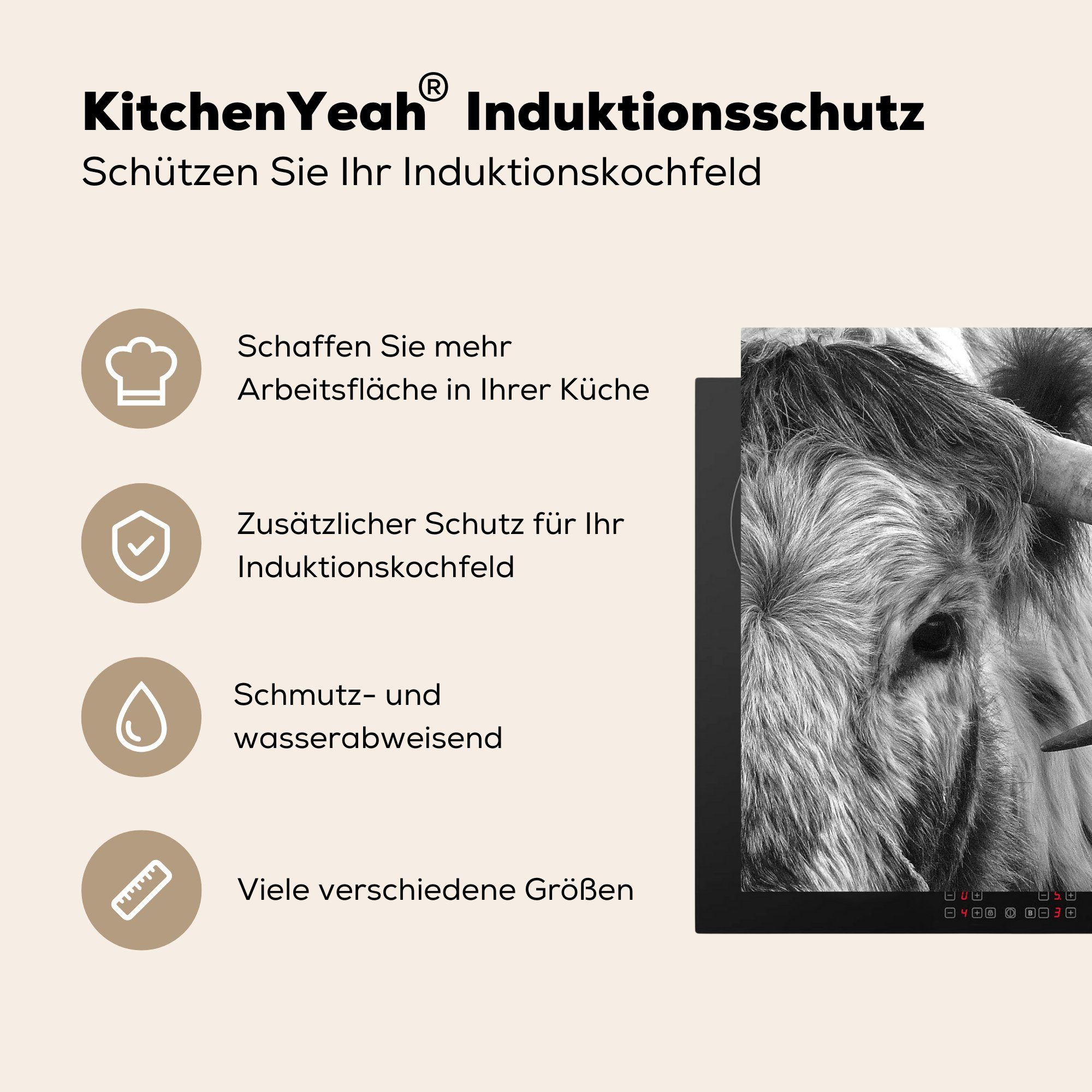 MuchoWow Arbeitsplatte Weiß, - Vinyl, tlg), für Tiere küche Stier Herdblende-/Abdeckplatte - (1 - cm, 78x78 Ceranfeldabdeckung, Schwarz