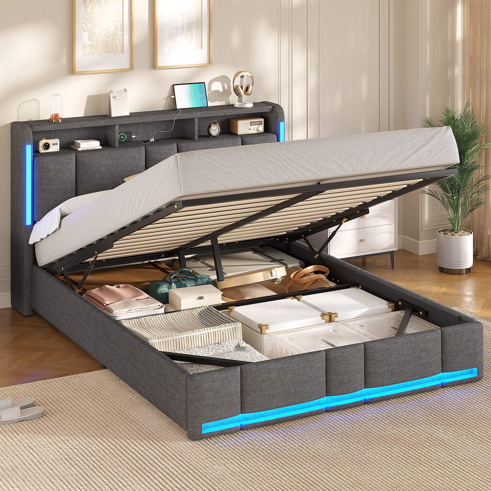 MSMASK Polsterbett mit Steckdosen & LED Beleuchtung, Stauraum und Kopfteil