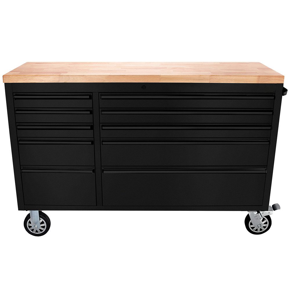 ONDIS24 Werkzeugwagen fahrbare Werkbank Werkstattwagen, Massivholz, schwarzer Stahl, 10 kugelgelagerte Schubladen, Laufrollen feststellbar