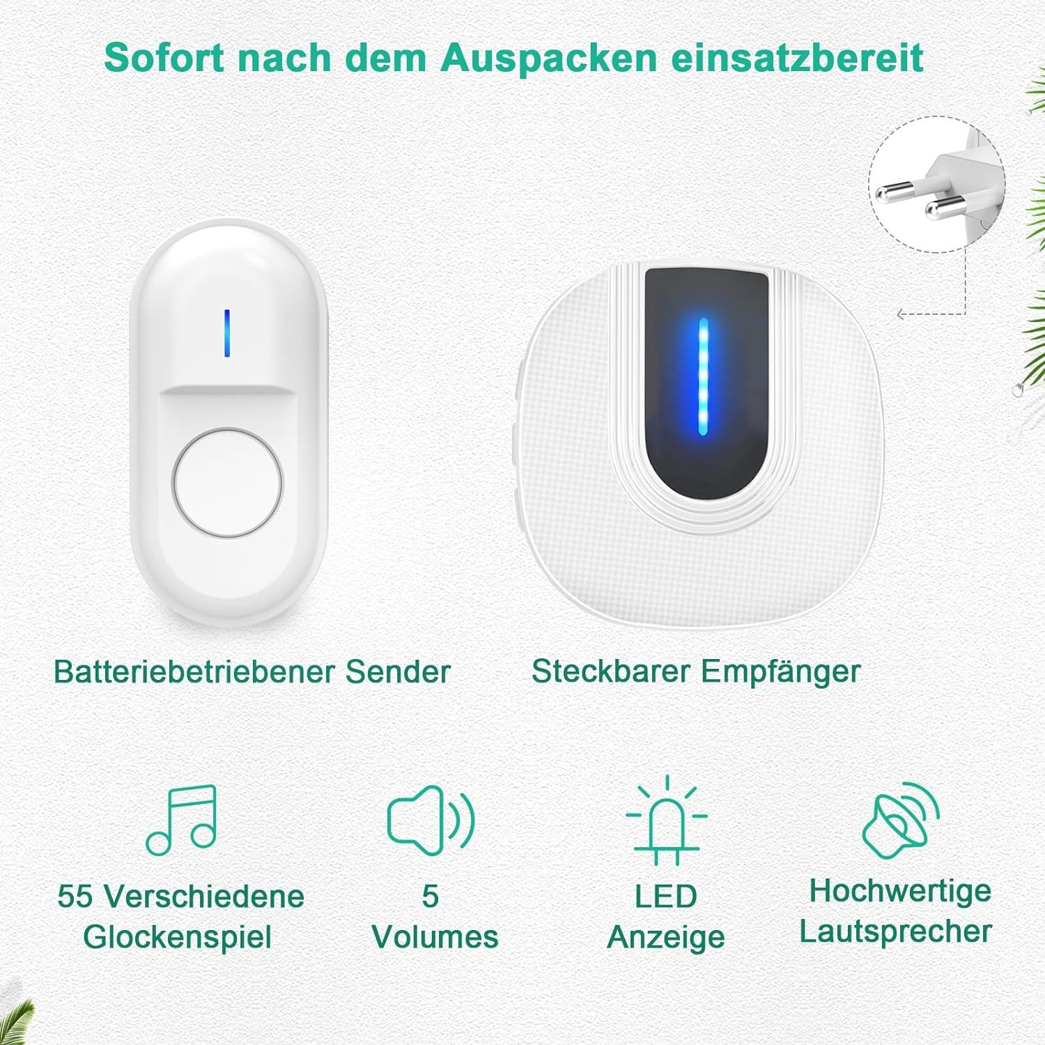 Comfy Mate Türklingel-Set Funkklingel Kabellos Wasserdicht Türklingel 400m Reichweite 110dB 1T1, Aussen Batteriebetrieben Klingelanlage Außen Funk Klingel Haustür