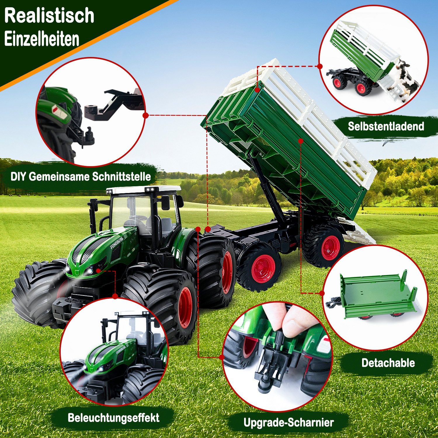 Esun RC-Traktor Ferngesteuerter Traktor mit Anhänger, Traktor Spielzeug ab 3 4 5 Jahre (Komplettset), Traktor Ferngesteuert Ackerschlepper mit Licht und Sound