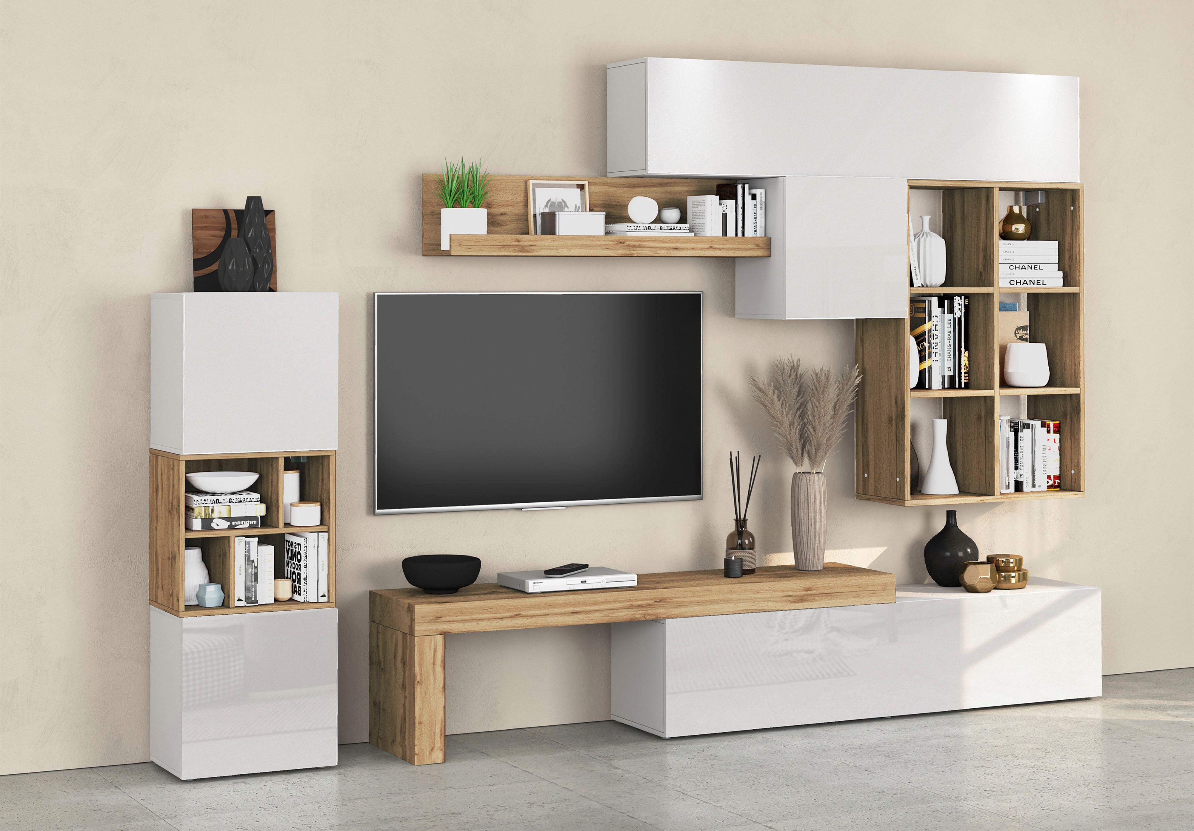OTTO home Wohnwand Chronos Wohnwand, Medienwand, 8-er set, (Set, 8-St), ca. 320 cm mit Hängeschränke, Würfel, Regal, Lowboard, Made in Italy