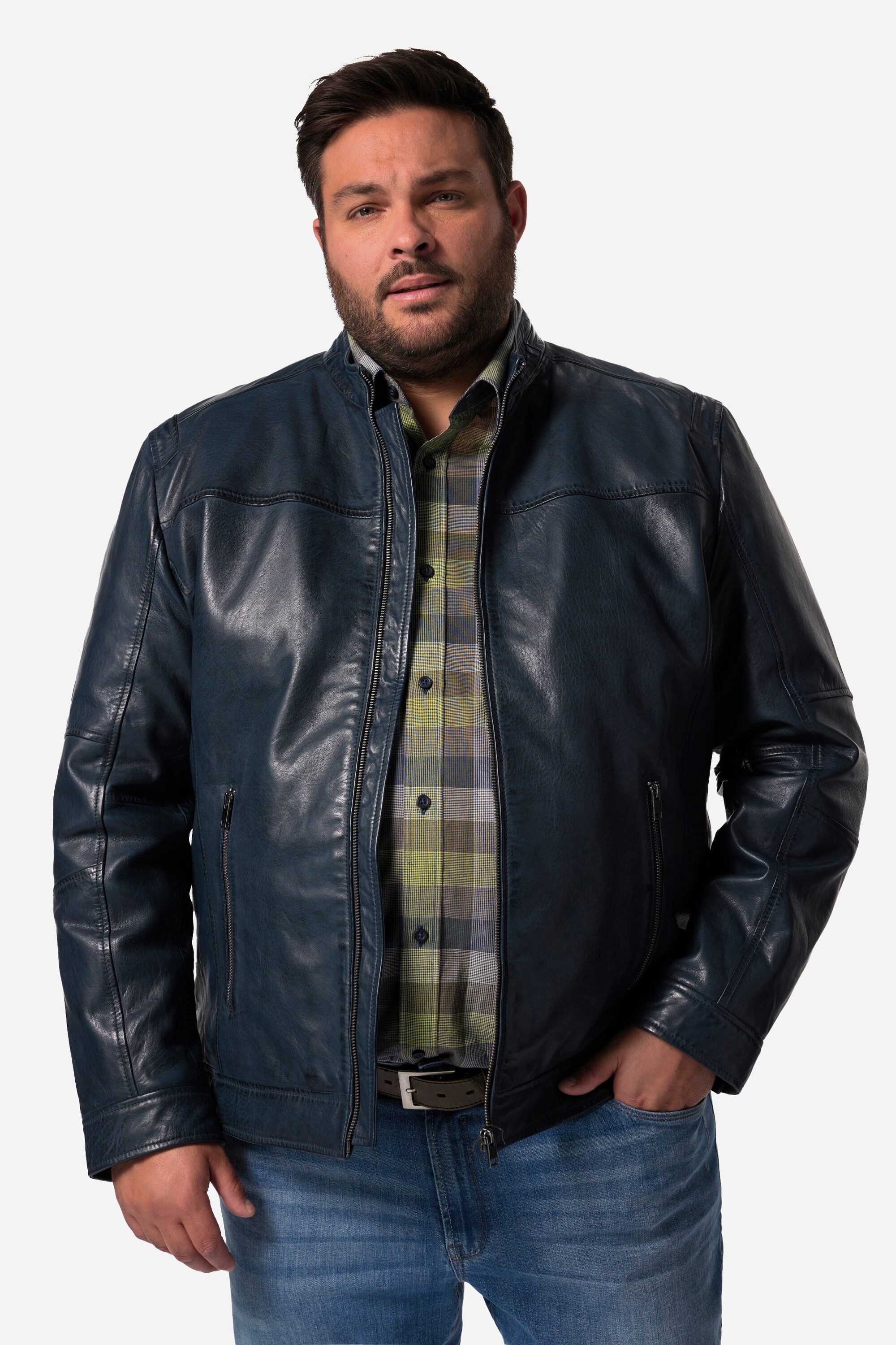 Men Plus Lederjacke Lederjacke Leder Lammnappa Stehkragen günstig online kaufen