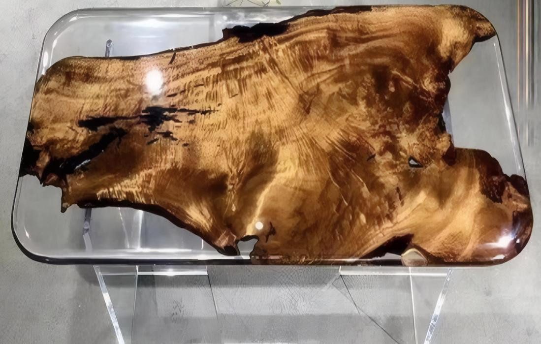 JVmoebel Esstisch Moderner Tisch aus transparentem Harz mit goldener Holzoptik (Packung, 1-St., Tisch)