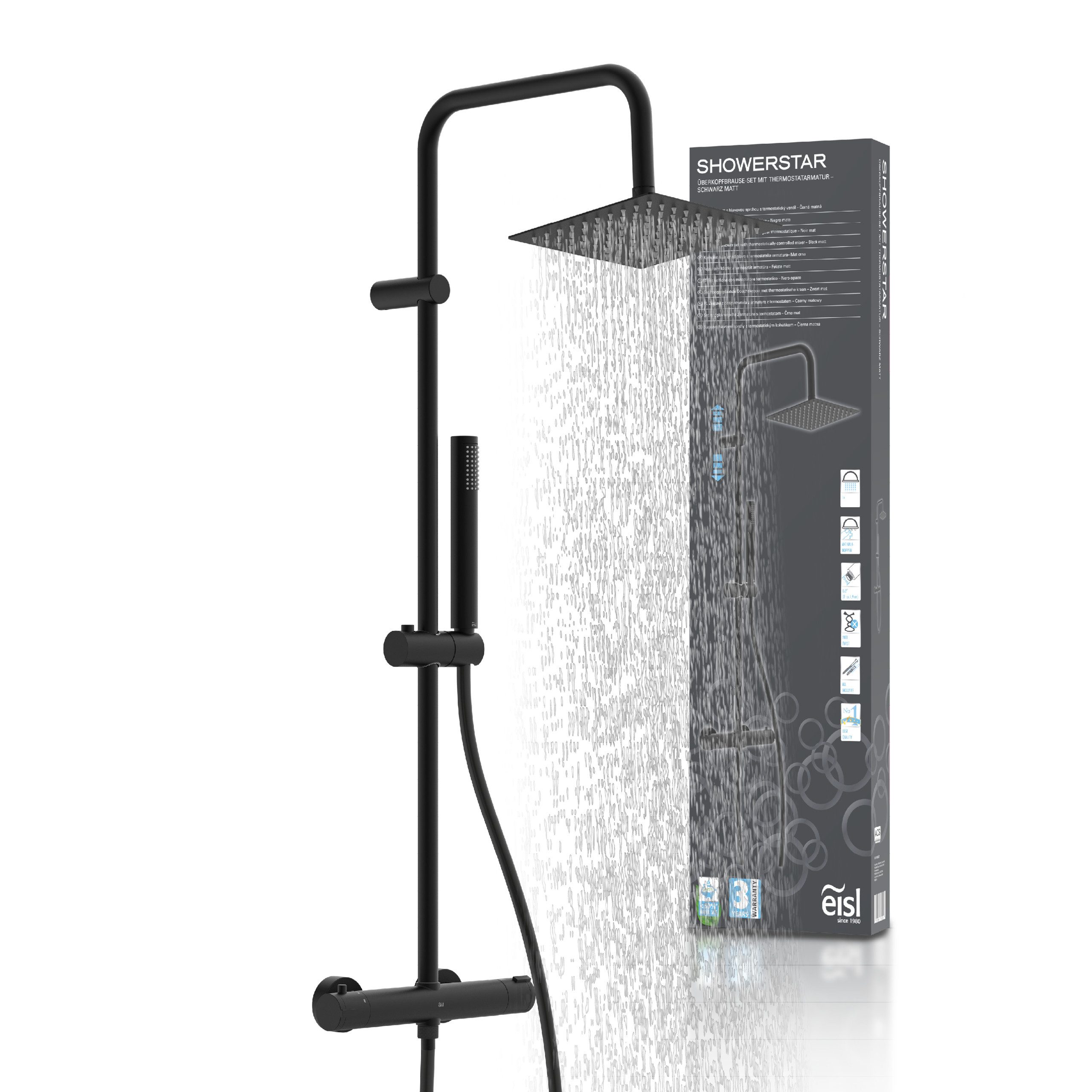 Eisl Brausegarnitur SHOWERSTAR, Höhe 96 cm, 1 Strahlart(en), Komplett-Set, Regendusche 20x20cm, Umsteller, Antikalk, Höhenverstellbar, Thermostat