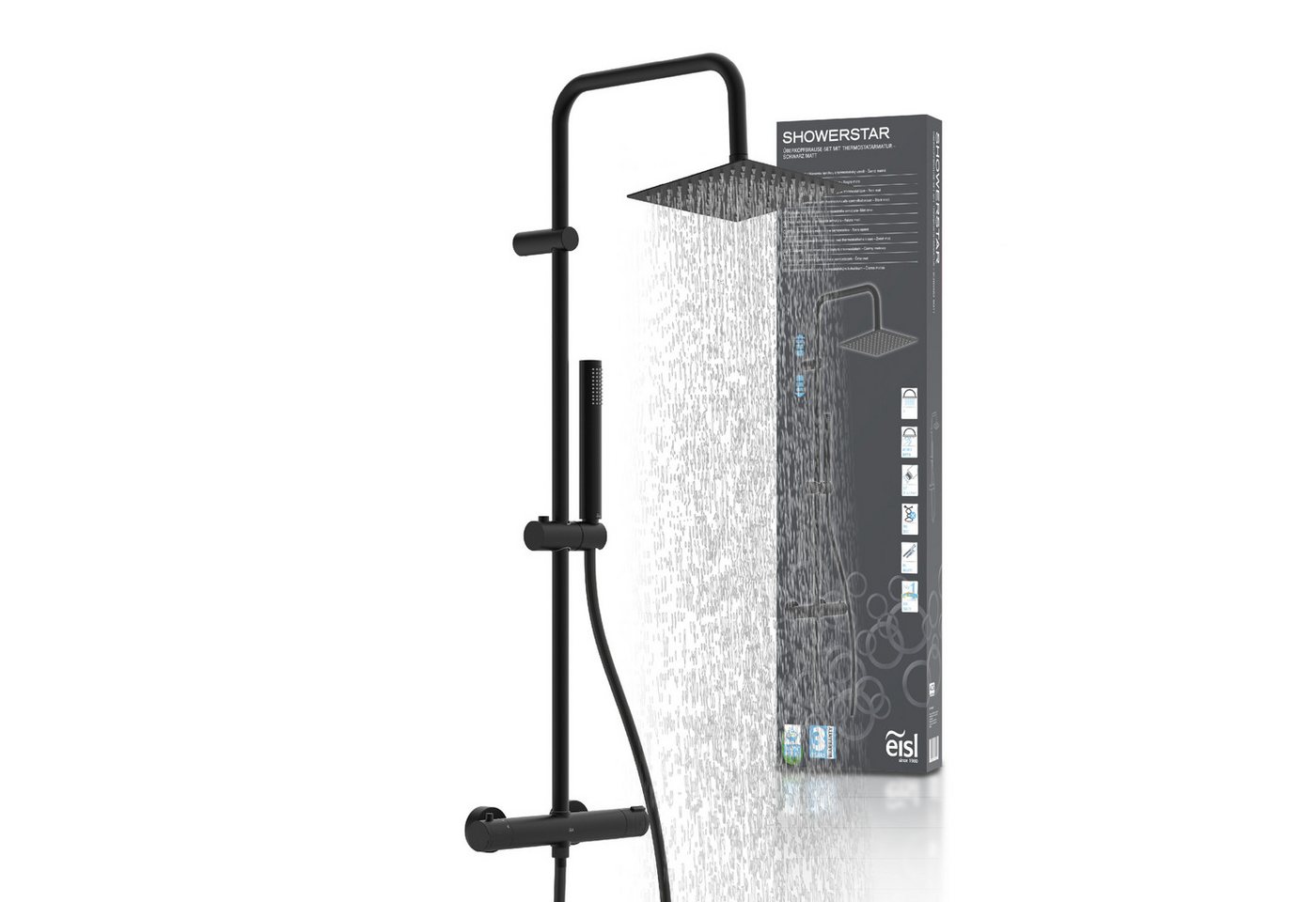 Eisl Brausegarnitur SHOWERSTAR, Höhe 96 cm, 1 Strahlart(en), Komplett-Set, Regendusche 20x20cm, Umsteller, Antikalk, Höhenverstellbar, Thermostat