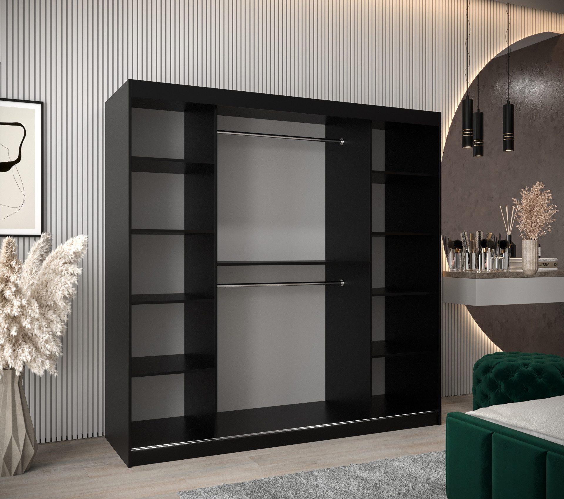 ABIKS MÖBEL Schwebetürenschrank POLE Schlafzimmerschrank - mit Spiegel, Kleiderstange und Regalen