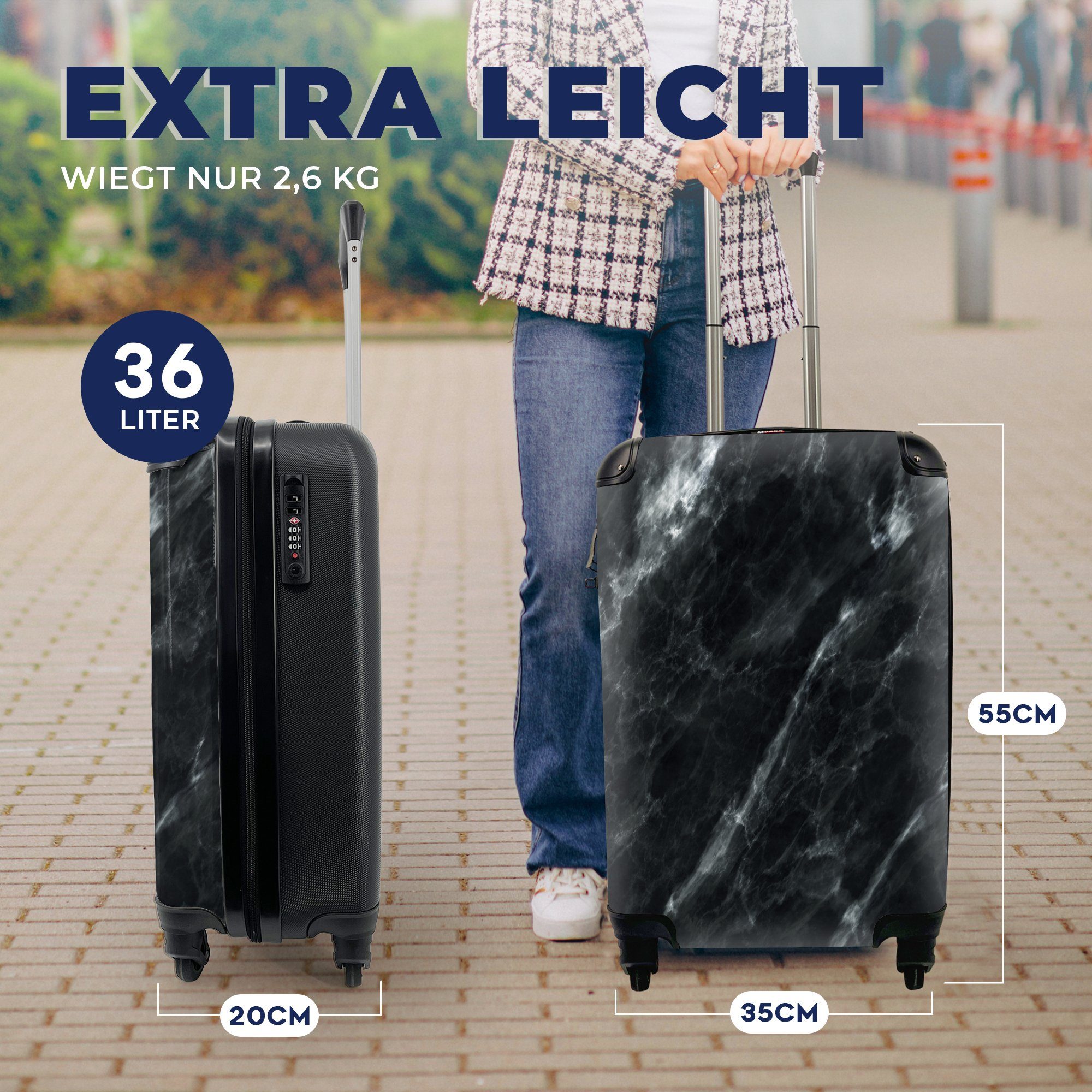 Rollen, 4 Reisetasche - - Handgepäck mit Reisekoffer Luxus, MuchoWow Ferien, rollen, Trolley, Handgepäckkoffer für Schwarz Marmor