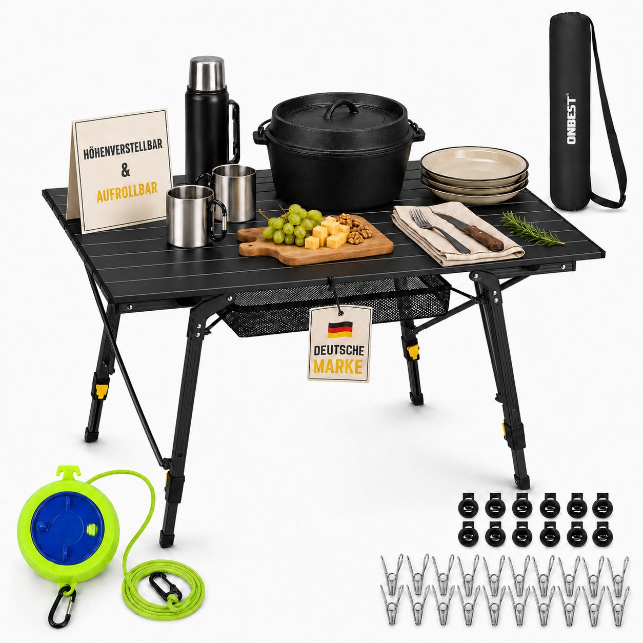 Onbest Klapptisch Norderney mit Wäscheleine 20x Wäscheklammern Netztasche, Tragetasche, höhenverstellbar, Wetterfest, Aufrollbar