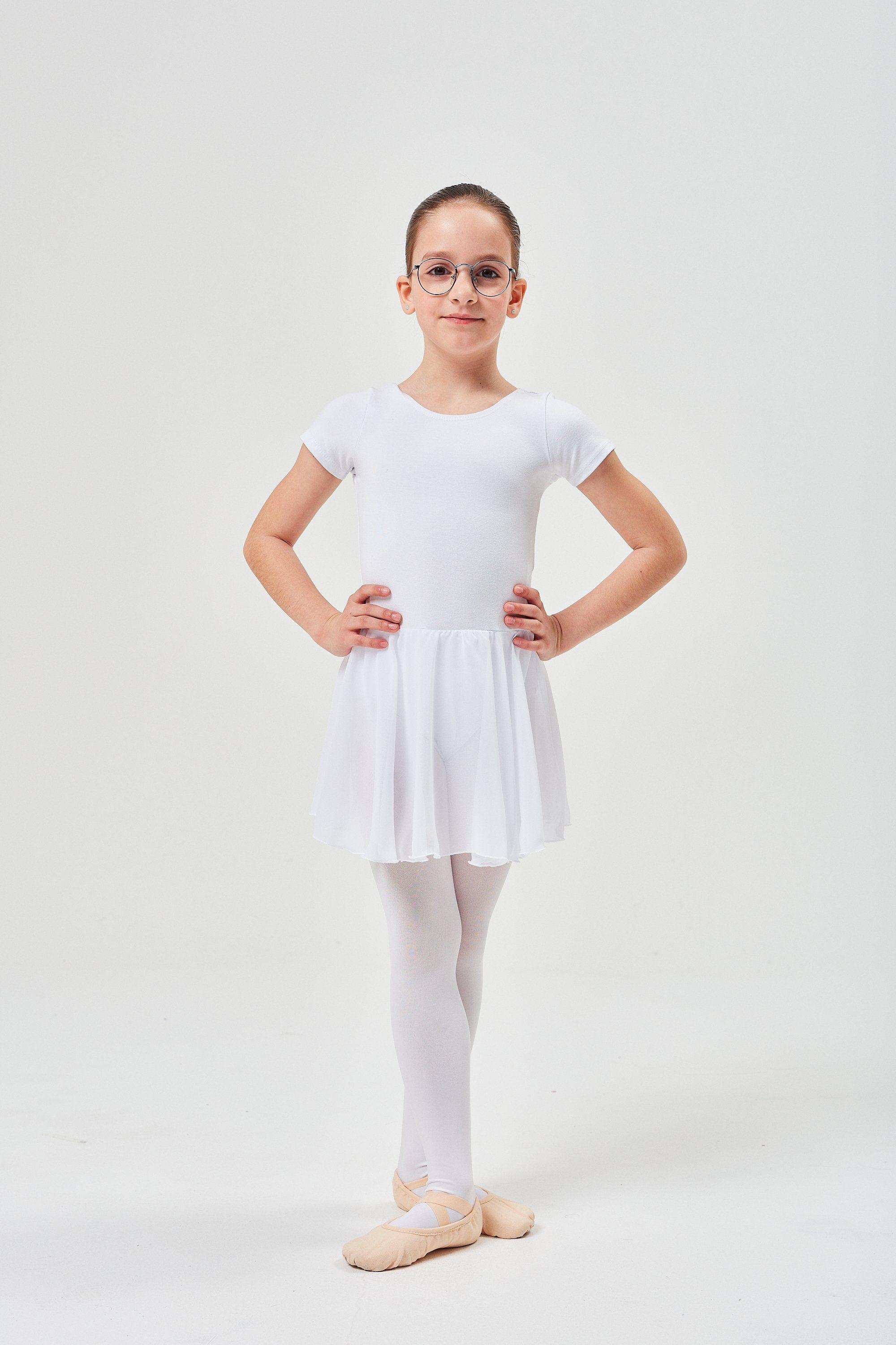 tanzmuster Chiffonkleid Ballettkleid Lucy mit kurzen Ärmeln Mädchen Ballettbody mit Chiffon Röckchen