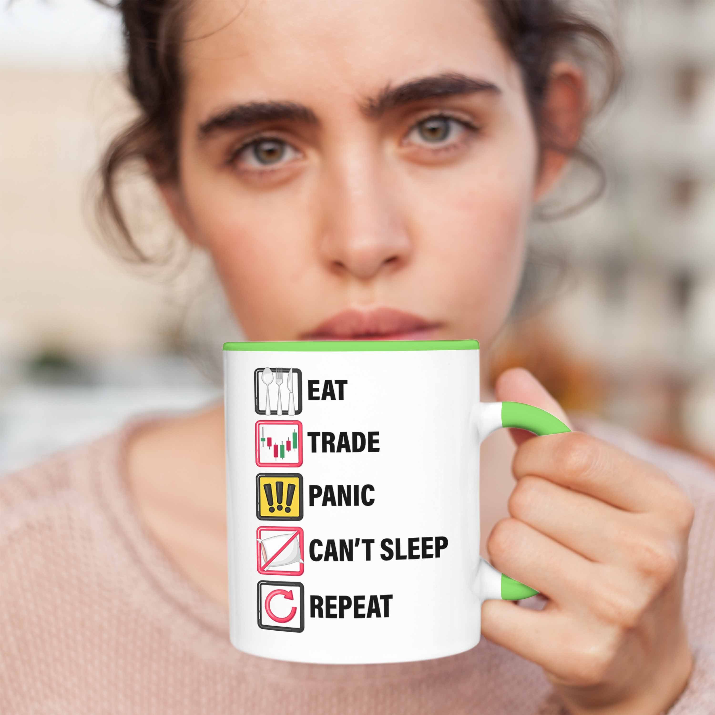 Trendation Tasse "Eat Tasse für Geschenkidee Panic Sleep Bö Trader, und Aktien- Grün Repeat"