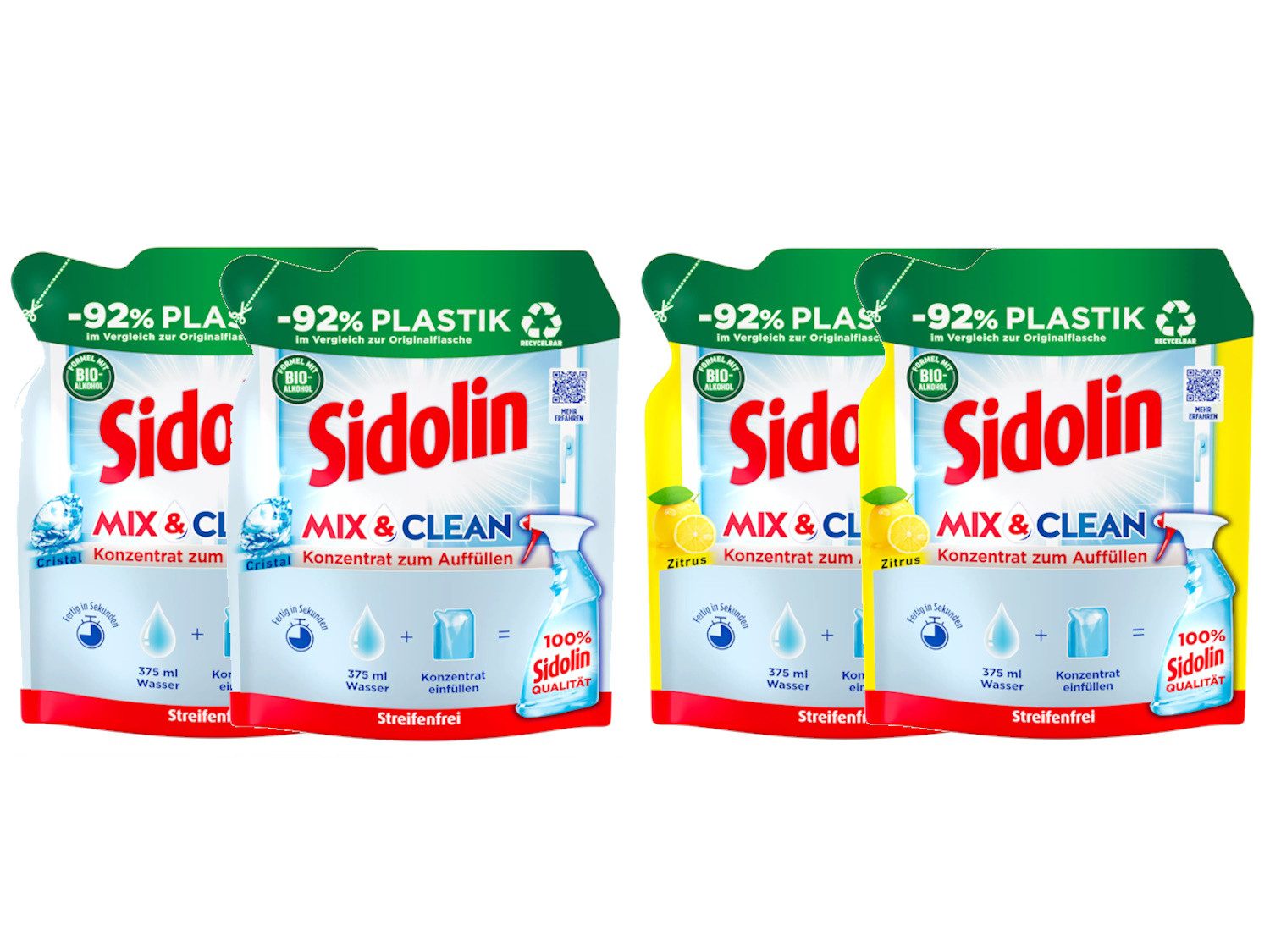 SIDOLIN Streifenfrei Konzentrat Mix Glasreiniger (Spar-Pack, [4-St. 4x 125ml 2x Cristal & 2x Zitrus)