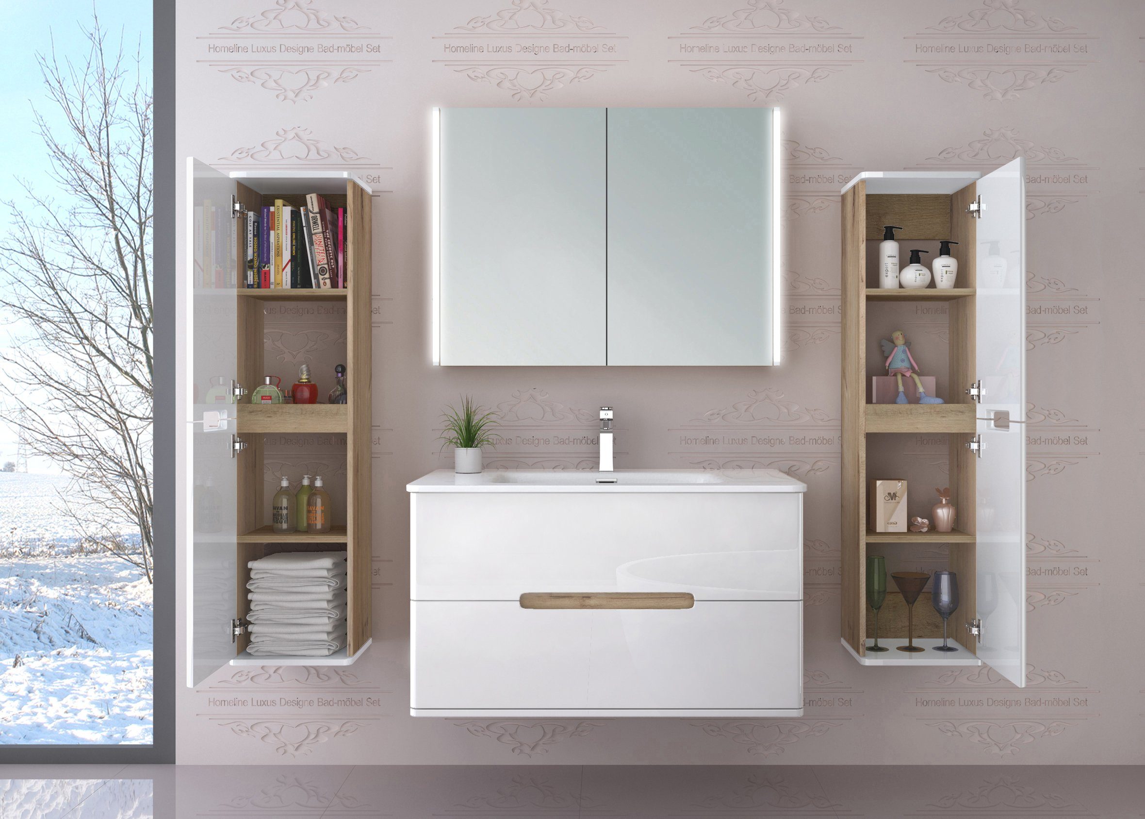 Homeline Badmöbel-Set Sky Badmoebel Set Schwarz Weiß Eiche Hochschglanz Spiegelschrank, (Spar Set, 5-St., Bad Möbel set besteht aus 5 Teilen), Spiegelschrank, Hochglanz