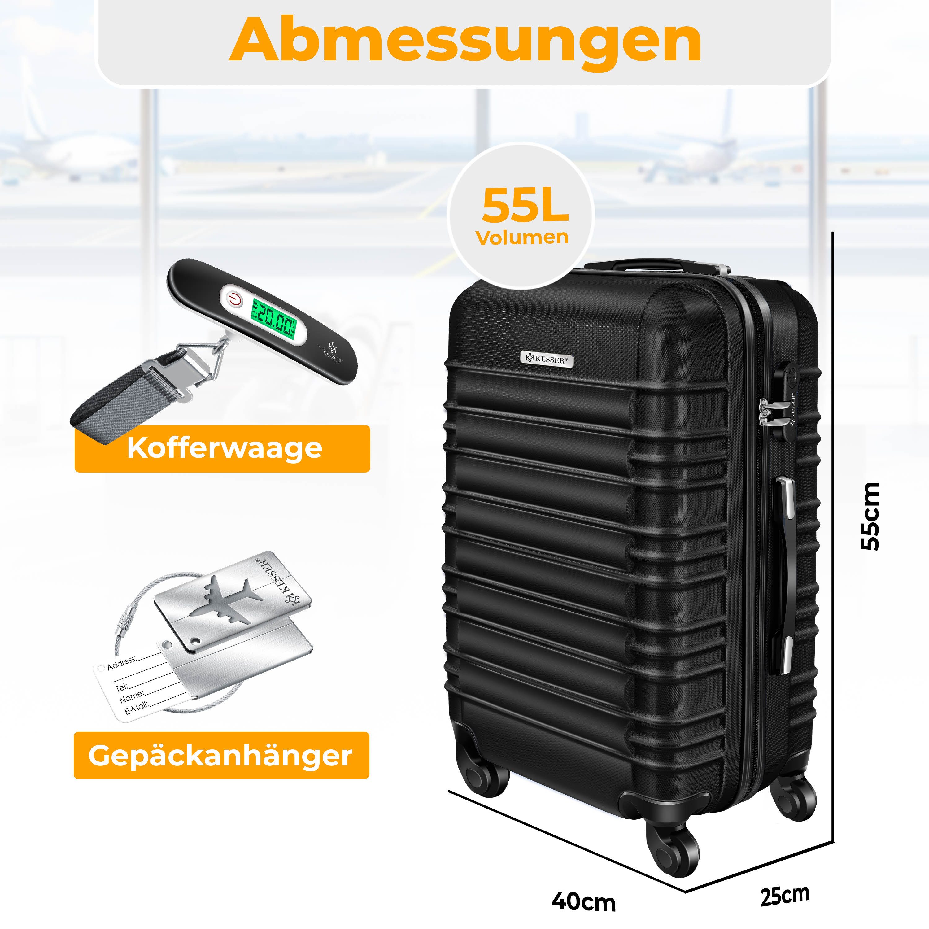 KESSER Hartschalen-Trolley Reisekoffer Handgepäck 55L Koffer Inkl. Kofferwaage + Gepäckanhänger, 4 Rollen, Rollkoffer ABS-Hartschale mit 4 Rollen, Zahlenschloss & Teleskopgriff