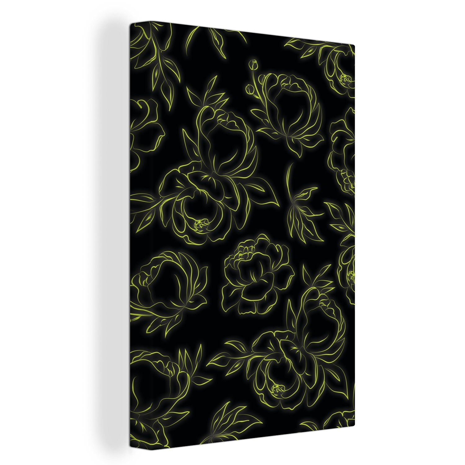 OneMillionCanvasses® Leinwandbild Neon - Leinwandbild - cm - (1 Grün bespannt 20x30 inkl. Zackenaufhänger, Rosen Linienkunst, Blumen Gemälde, St), - fertig - Muster