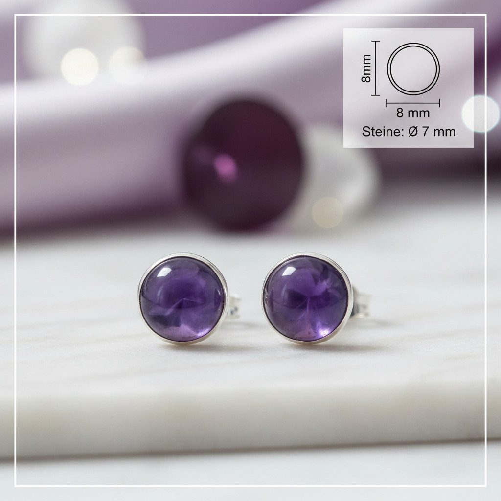 mantraroma Paar Ohrstecker SAMA rund medium aus 925 Silber mit Amethyst (Paar, Paar Ohrringe mit Schmuckbeutel), 925 Sterling Silber Ohrringe für Damen