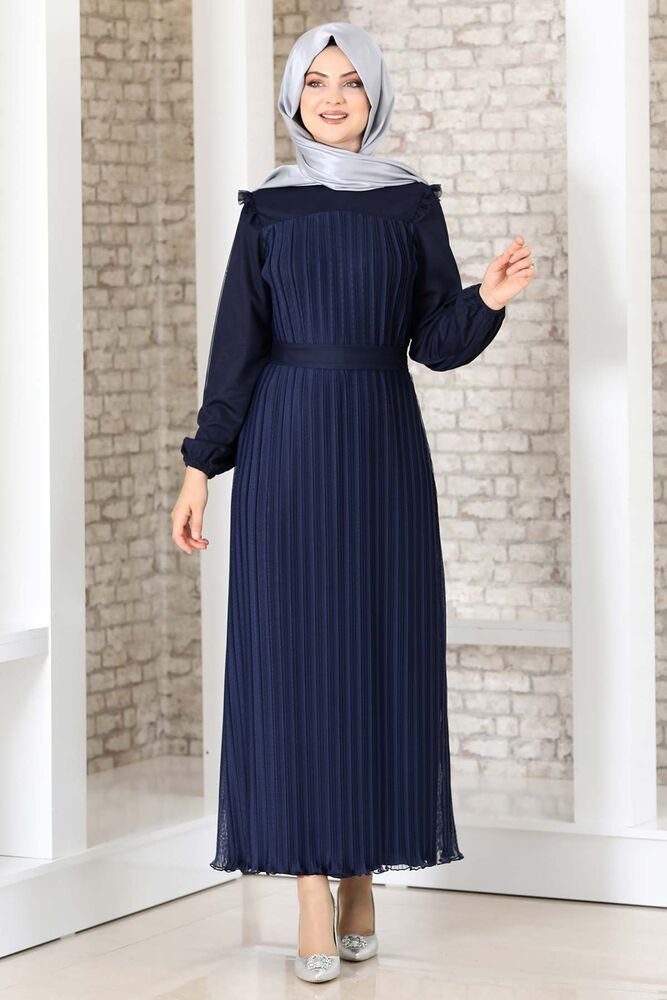 Modavitrini Abendkleid Damen Lady Kleid mit Schulterdetail Abiye Abaya Hijab Kleid Schulterdetail, Falten-Optik Navy-Blau