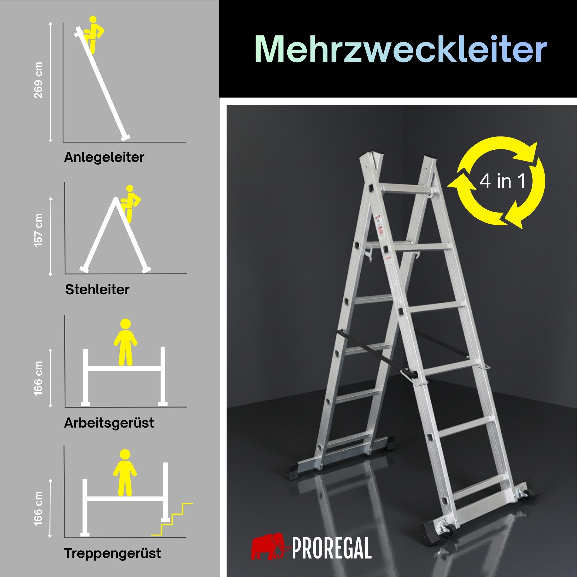 PROREGAL® Arbeitsgerüst MULTISTEP 3-in-1 Aluminiumleiter Stehleiter 2x6 Sprossen Tragl. 150kg, Stabile Sprossenleiter Anlegeleiter Mehrzweckleiter 150kg Traglas – Bild 2 von 5
