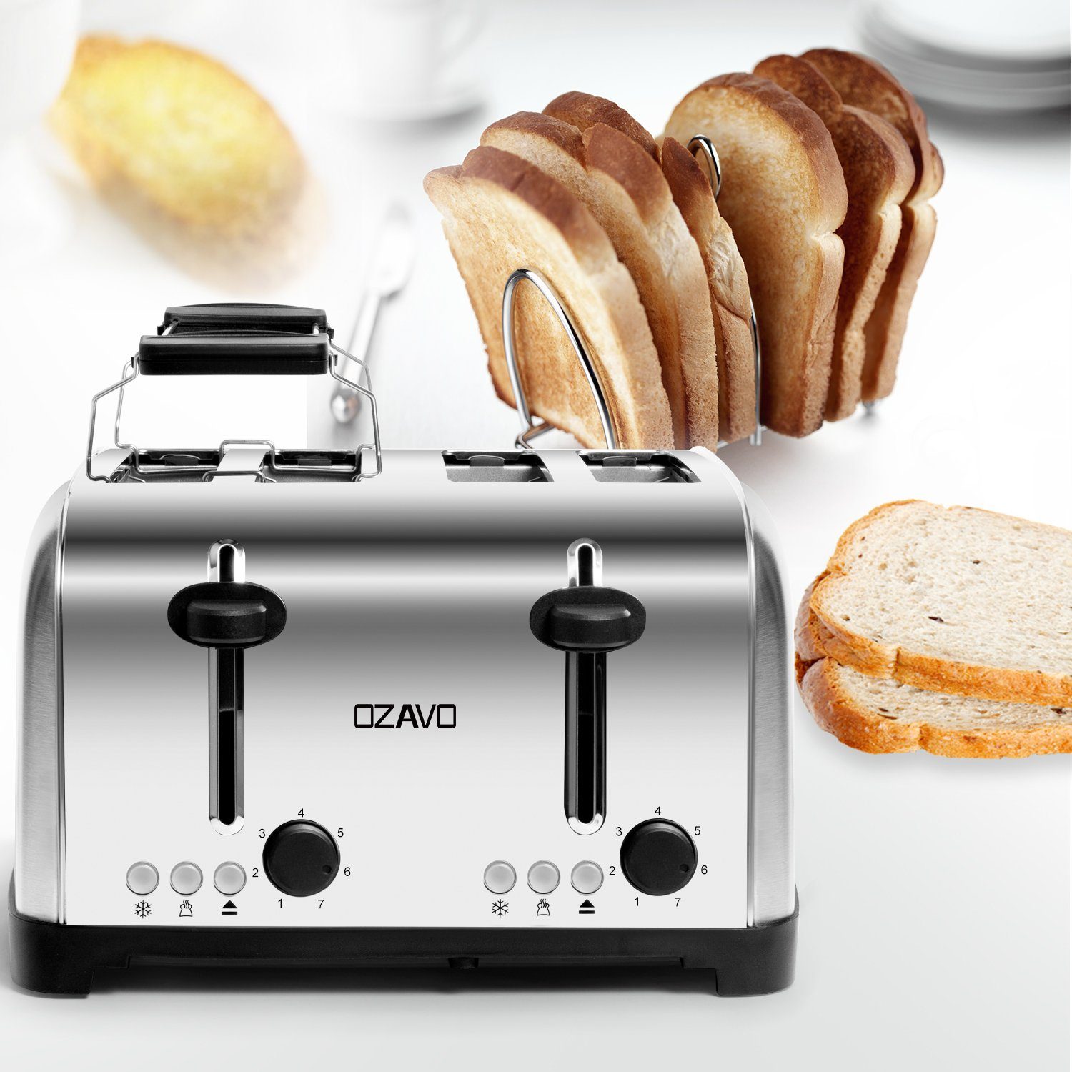 OZAVO Toaster OZ331, 4 kurze Schlitze, 1700 W, 4 Schlitze, Brötchenaufsatz, 7 Bräunungsstufen, Zentrierfunktion, mit Abnehmbarer Krümelschublade, Edelstahlgehäuse