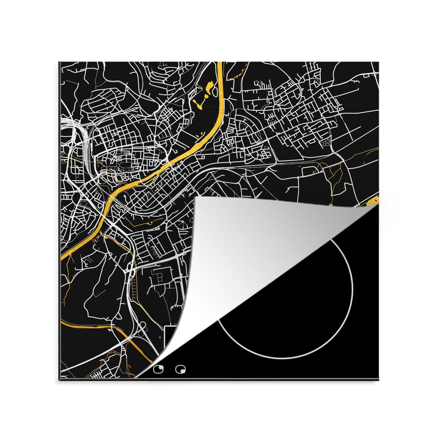MuchoWow Herdblende-/Abdeckplatte Stadtplan - Deutschland - Gold - Neu Ulm - Karte, Vinyl, (1 tlg), 78x78 cm, Ceranfeldabdeckung, Arbeitsplatte für küche
