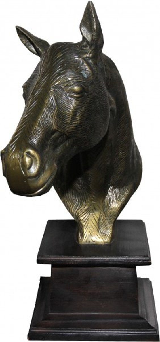 H - Gold/Braun Dekoobjekt Tier 39 cm Padrino Statue Luxus Casa Holzsockel Antik Pferd Figur auf Skulptur