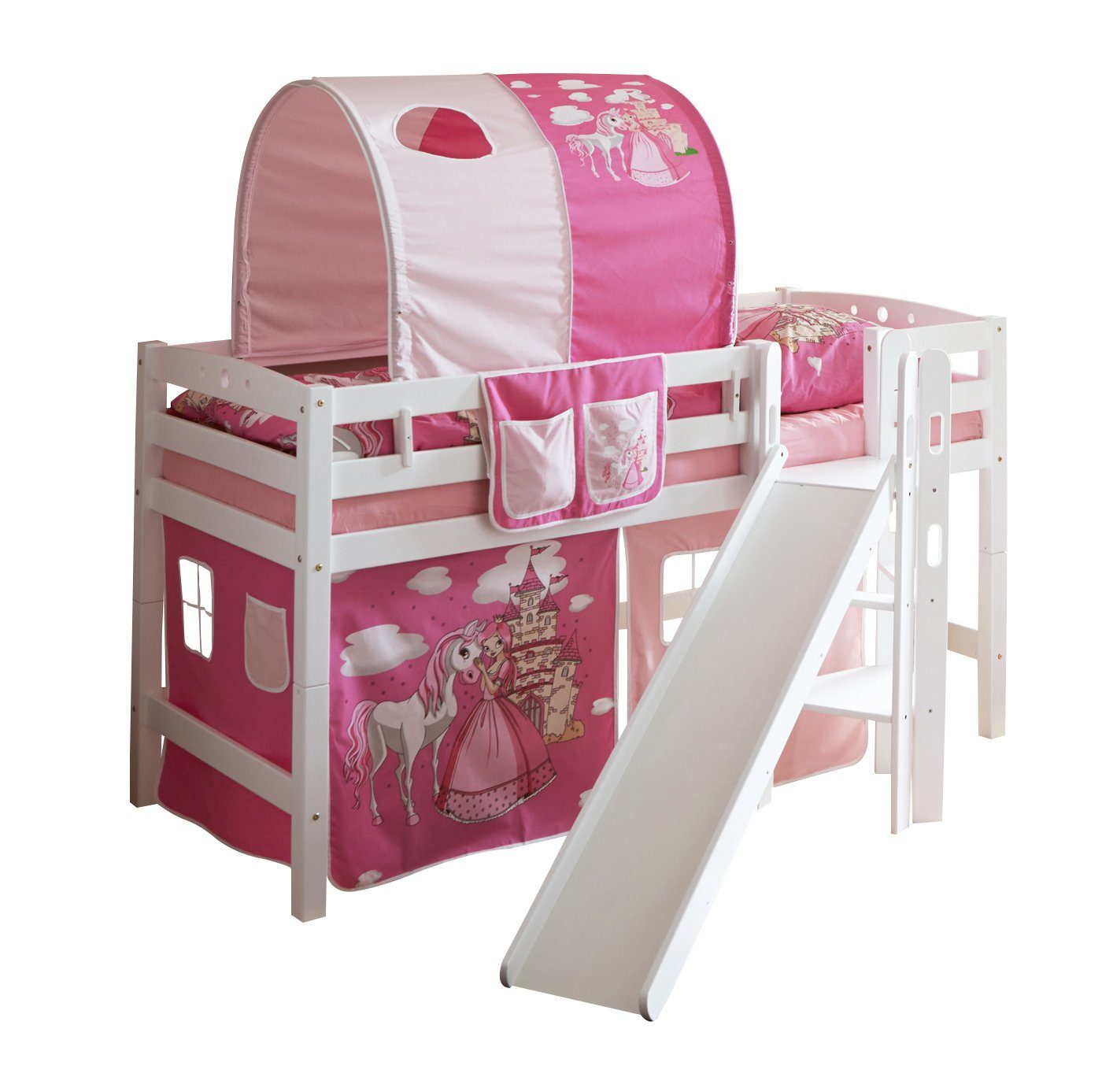Ticaa Hochbett Hochbett mit Rutsche Podestbett "Tino" Buche Weiß