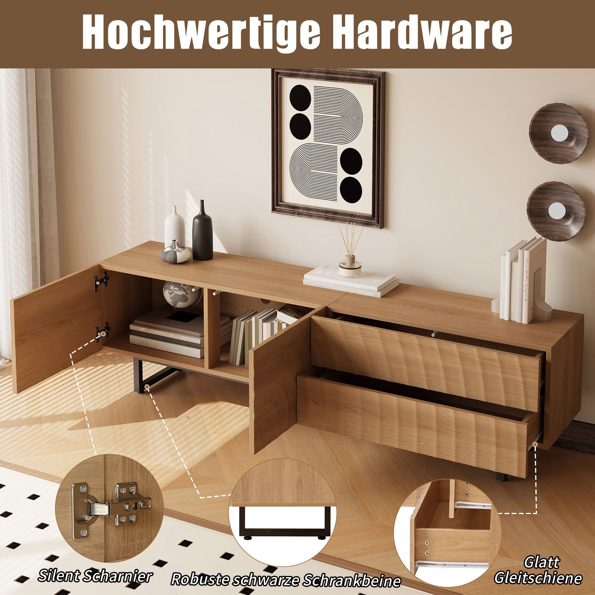 Merax Lowboard mit Metallbeine und 3D Wellenfront in Holzoptik (1 St), TV-Schrank mit 2 grifflose Türen,2 Schubladen & Stauraum,180x38x51.5cm – Bild 5 von 5