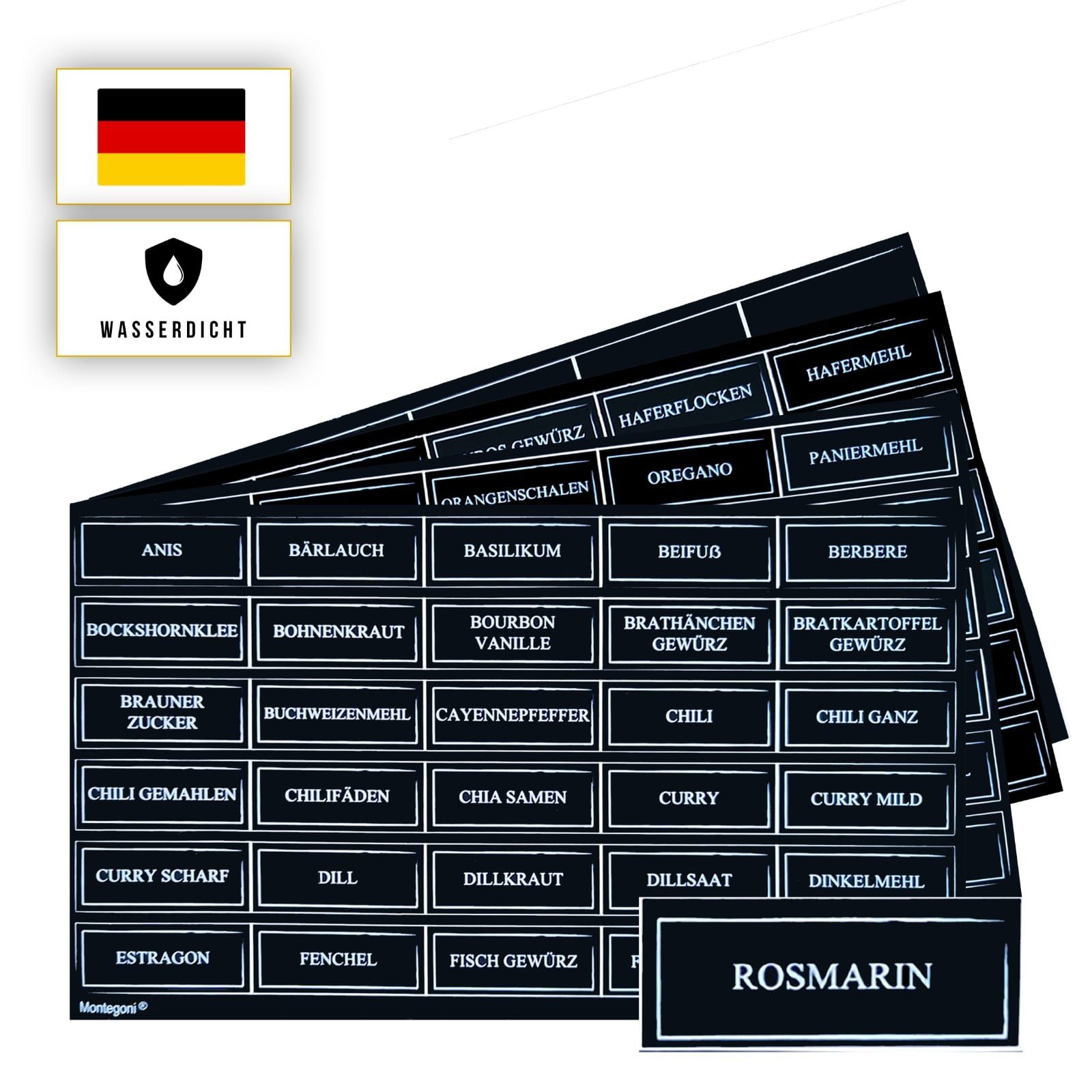 Montegoni Etiketten 144 Stk. Rund oder 195 Rechteckige Gewürzetiketten selbstklebend, Wasserfest Gewürzaufkleber Vorratsetiketten - Gewürzgläser Etiketten