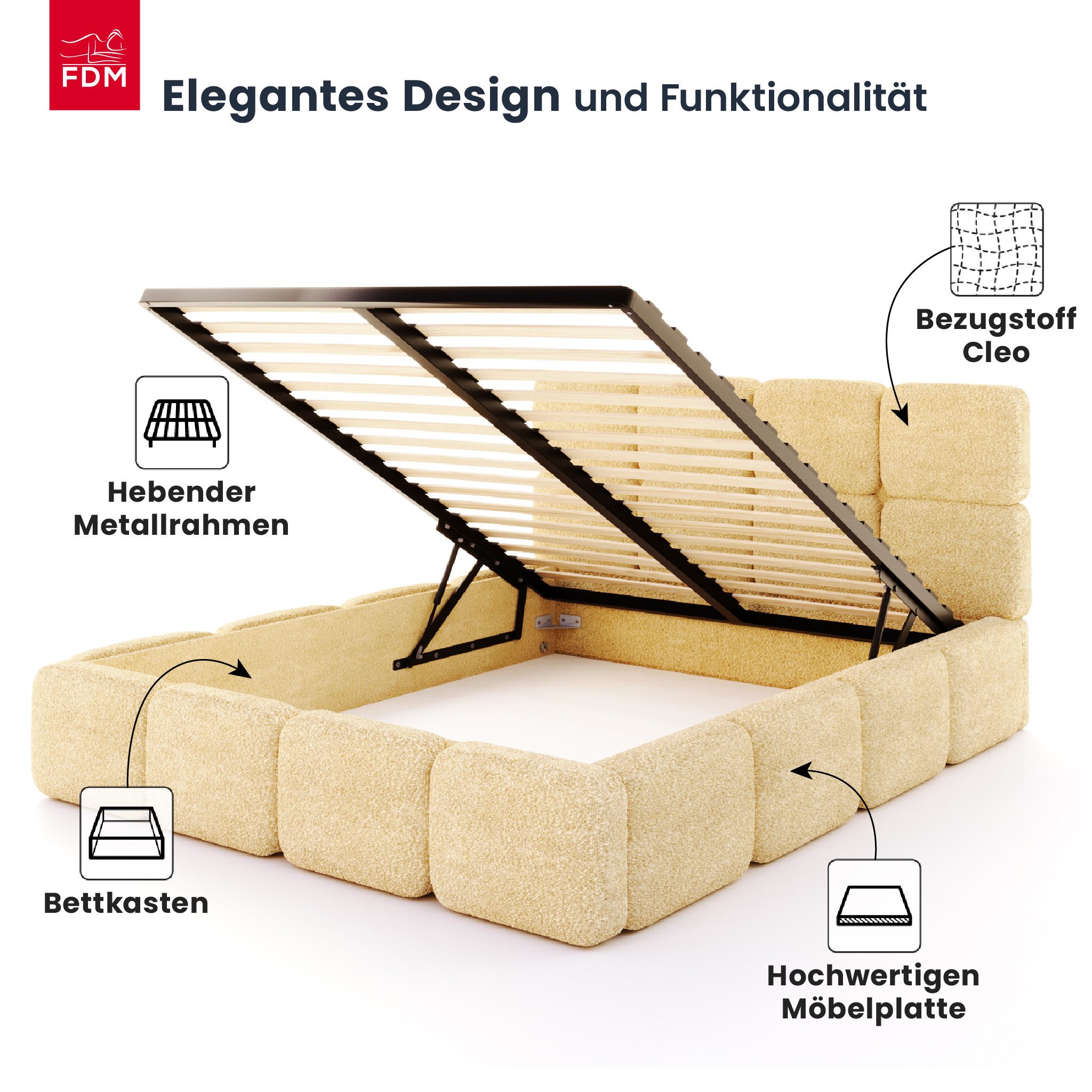 FDM Polsterbett CLOUDY Bettgestell Bett 140x200, 160x200, 180x200 cm Bestseller (verfügbar 140x200 160x200 180x200cm, Bettrahmen, Bett, mit großen gepolsterten Kopfteil, mit Bettkasten zum aufklappen), Hebbarer Metallrahmen, Bettkasten, ohne Matratze