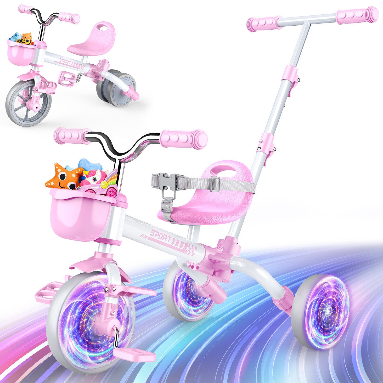 Wootoy Dreirad 5 in1 Kinderdreirad Laufrad Lernrad Kinderwagen mit Schiebestange, Verstellbarer Elternschiebegriff 135°-Lenkbegrenzung und abnehmbarer