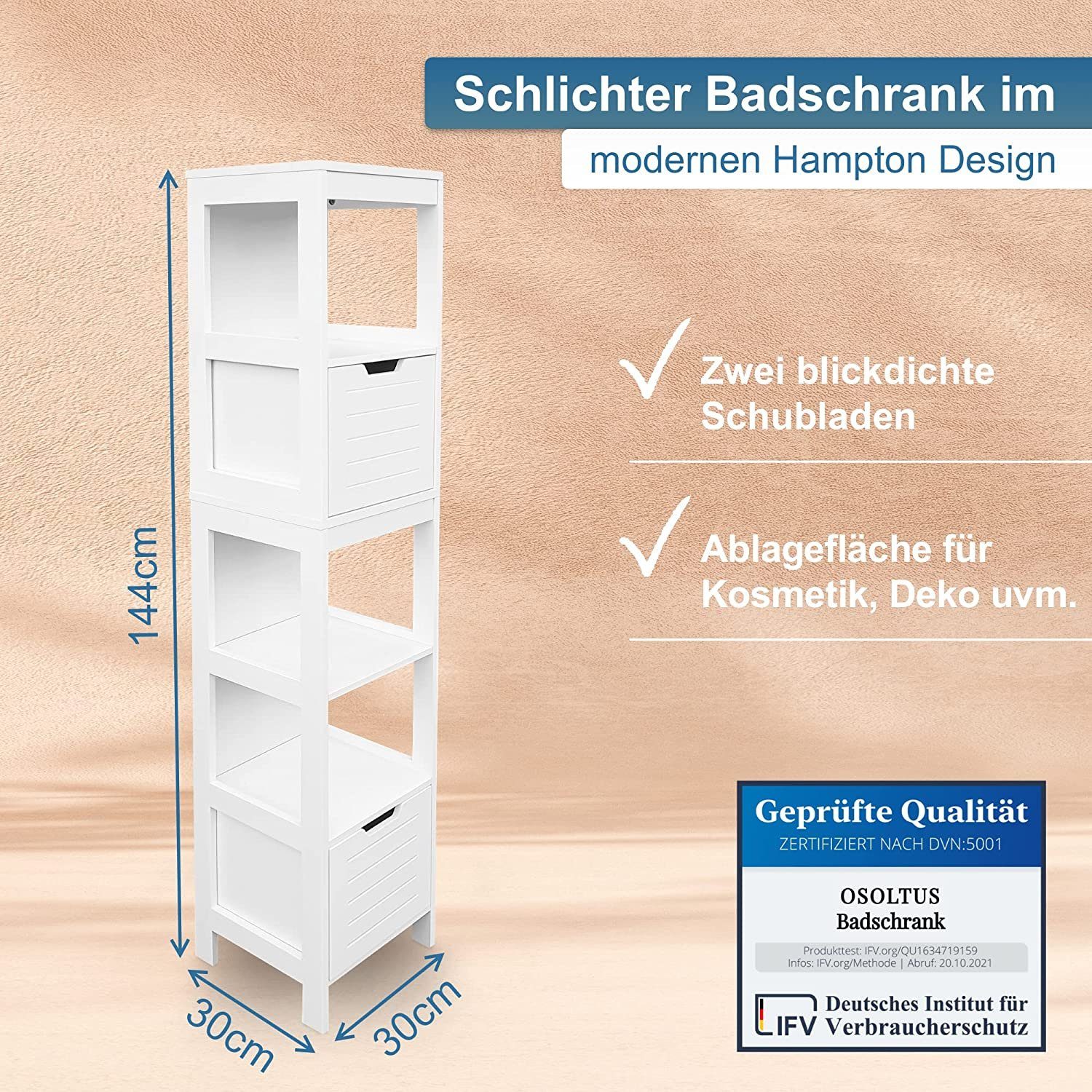 osoltus Badregal osoltus Badschrank Hochschrank Badregal Hampton 144 cm Holz Weiß – Bild 2 von 5