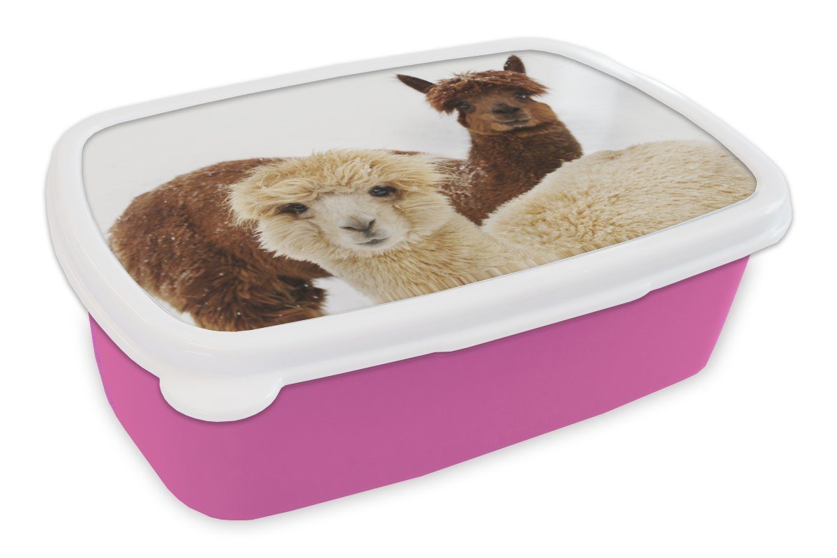 MuchoWow Lunchbox Lama - Tier - Mantel, Kunststoff, (2-tlg), Brotbox für Erwachsene, Brotdose Kinder, Snackbox, Mädchen, Kunststoff rosa