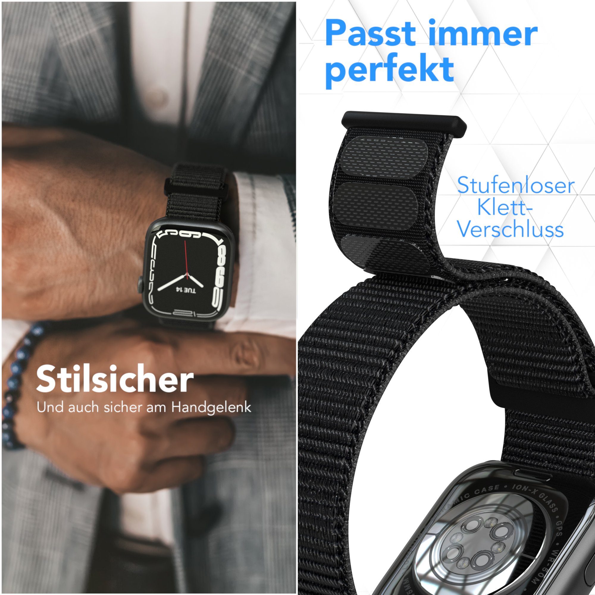 EAZY CASE Uhrenarmband Nylon Band für iWatch 11 10 9 8 7 6 5 4 3 2 SE Ultra, Sport Armband verstellbares Nylon Band mit Klettverschluss Schwarz