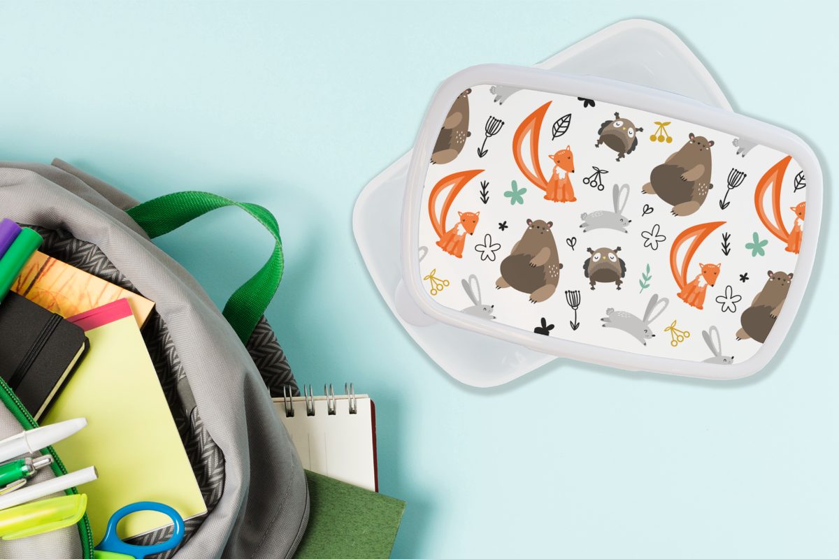 MuchoWow Lunchbox - und Erwachsene, Brotdose, weiß (2-tlg), - Kinder Wald für Tiere für Mädchen Kunststoff, Brotbox Jungs und Muster