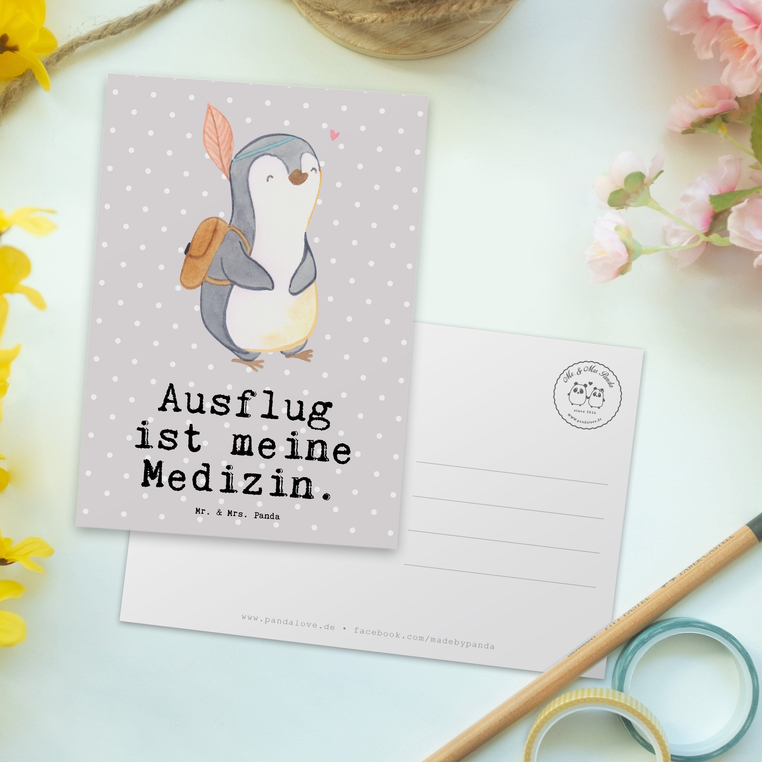 Medizin Grau - Ausflug Pinguin Mrs. - Mr. Panda Postkarte Geschenk, Pastell Danke, reis & Hobby,