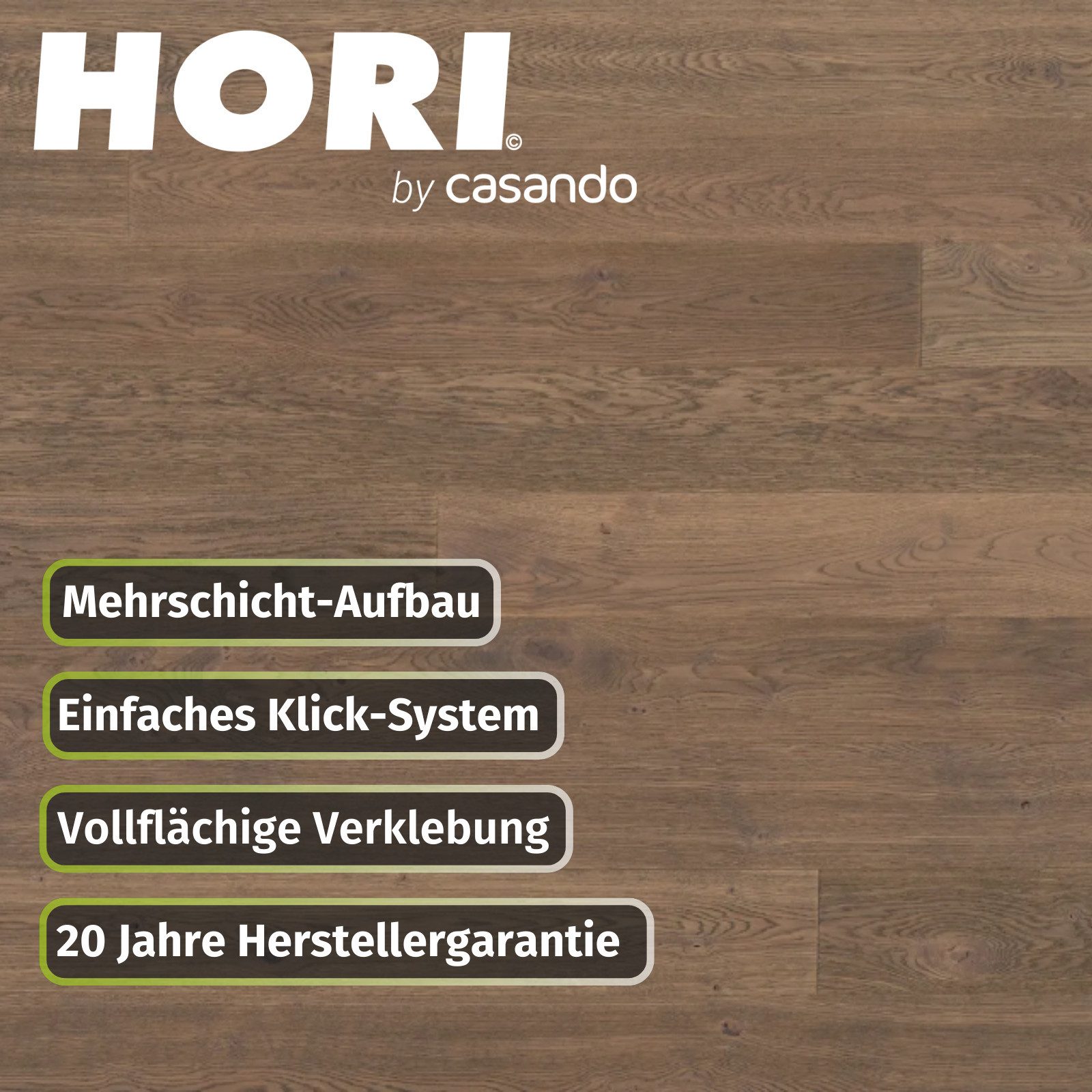 HORI Parkett HORI Parkett Eiche, Boden für Wohnräume, einfache Verlegung langlebig, 18 St., 18 Stück Pro Paket, 3-Schichtig, schwimmende Verlegung, vollflächige Verklebung