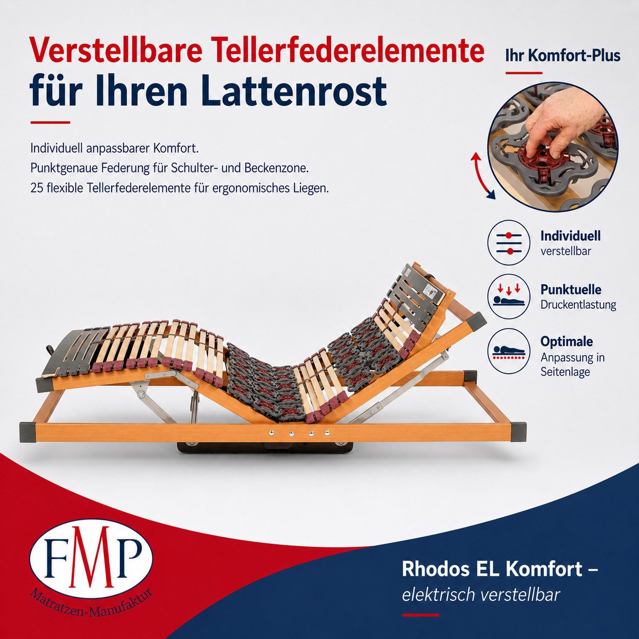 Teiltellerlattenrost Rhodos EL Komfort, FMP Matratzenmanufaktur, Kopfteil motorisch verstellbar, Fußteil motorisch verstellbar, besonderer Komfort durch druckentlastende Tellerfederelemente