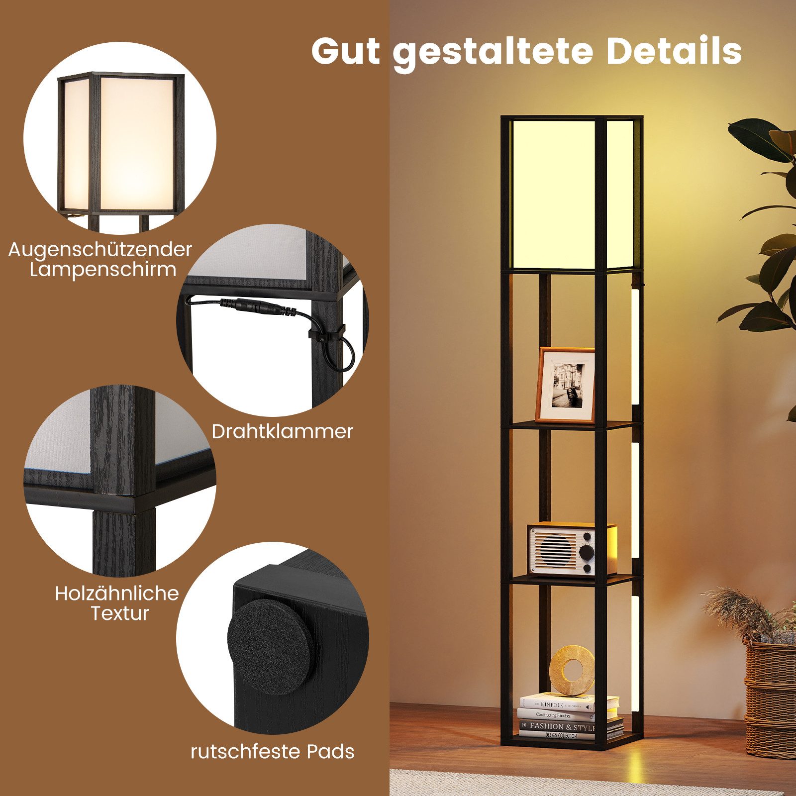 COSTWAY Stehlampe, mit 3-stufig einstellbaren LED-Streifen und Fußschalter