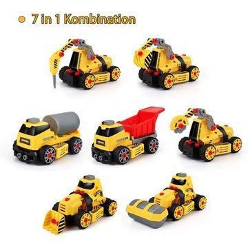 LBLA Spielzeug-Bagger 7 in 1 DIY LKW Bagger Spielzeugauto-Set, (mini Baufahrzeuge Spielzeug, Baustellenfahrzeuge, Montagenspielzeug für Kinder ab 3 Jahren)