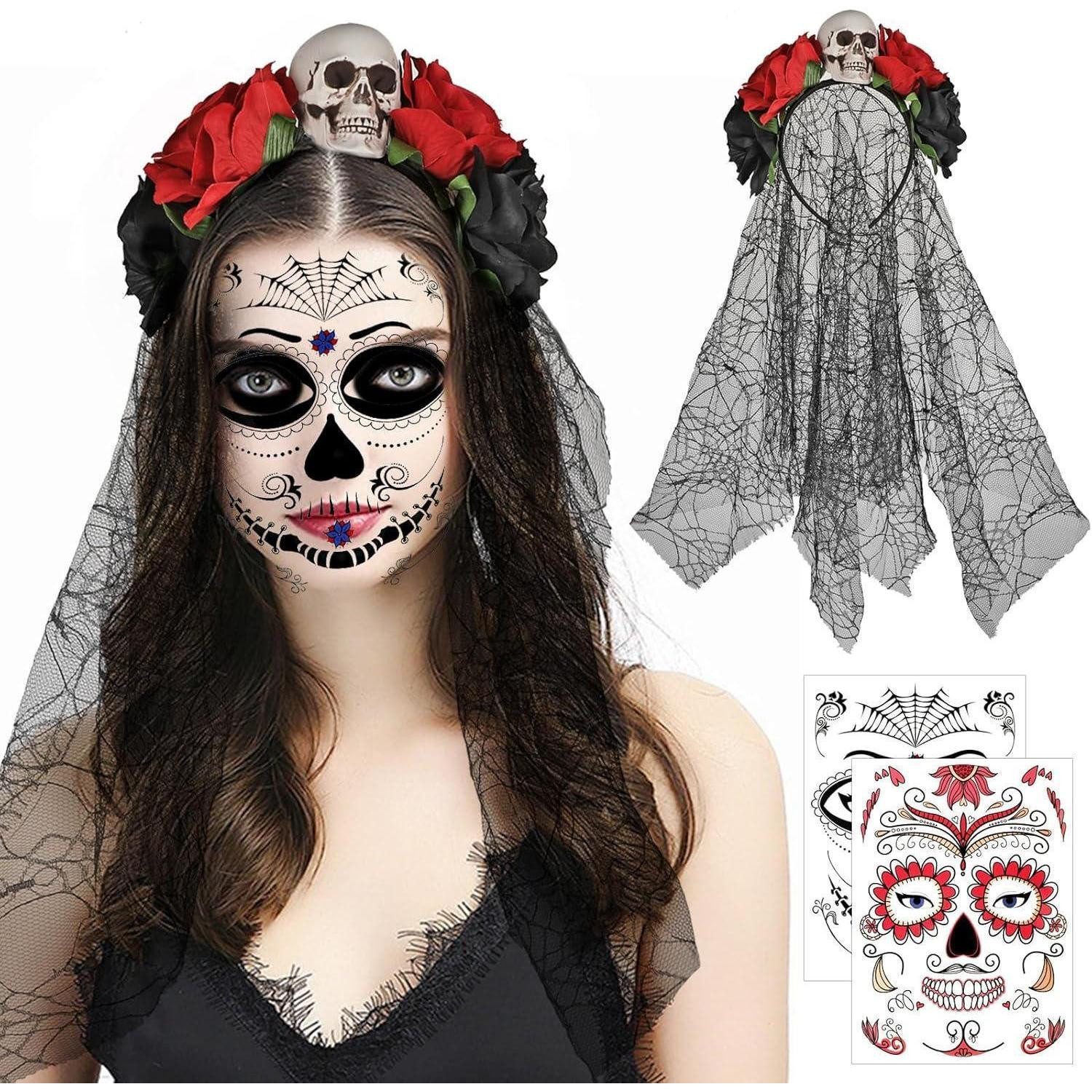 LuxusKollektion Haarreif Halloween Haarreif Totenkopf Rose Schleier Gesicht Tattoo