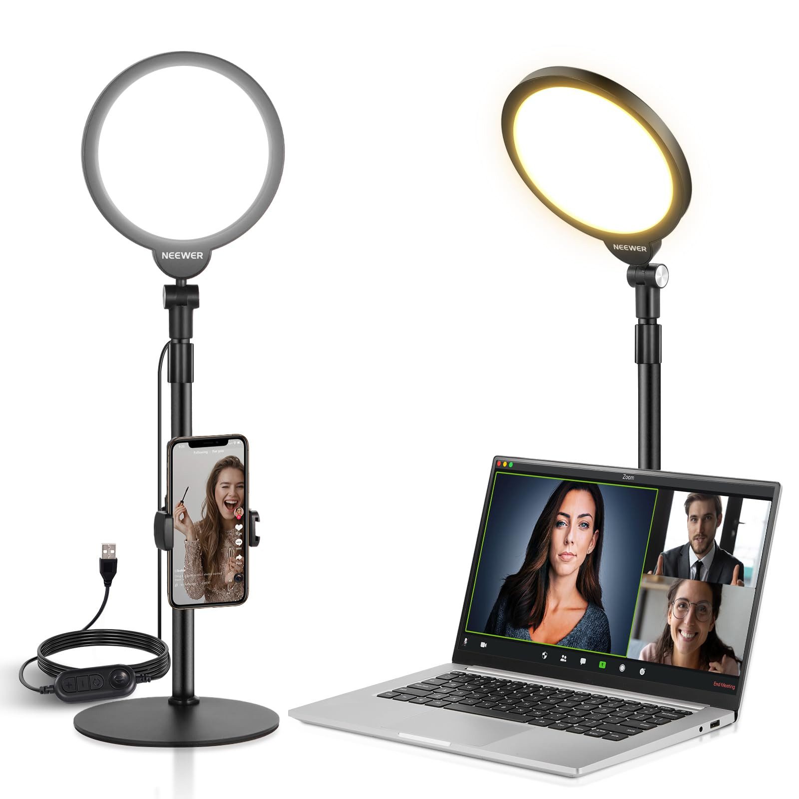 Neewer Ringlicht R06 Selfie-Licht 7", 10W dimmbar, Höhenverstellbar, mit Telefonhalter, Beschwerte Metallbasis, Tisch Ringleuchte für Video Live Stream