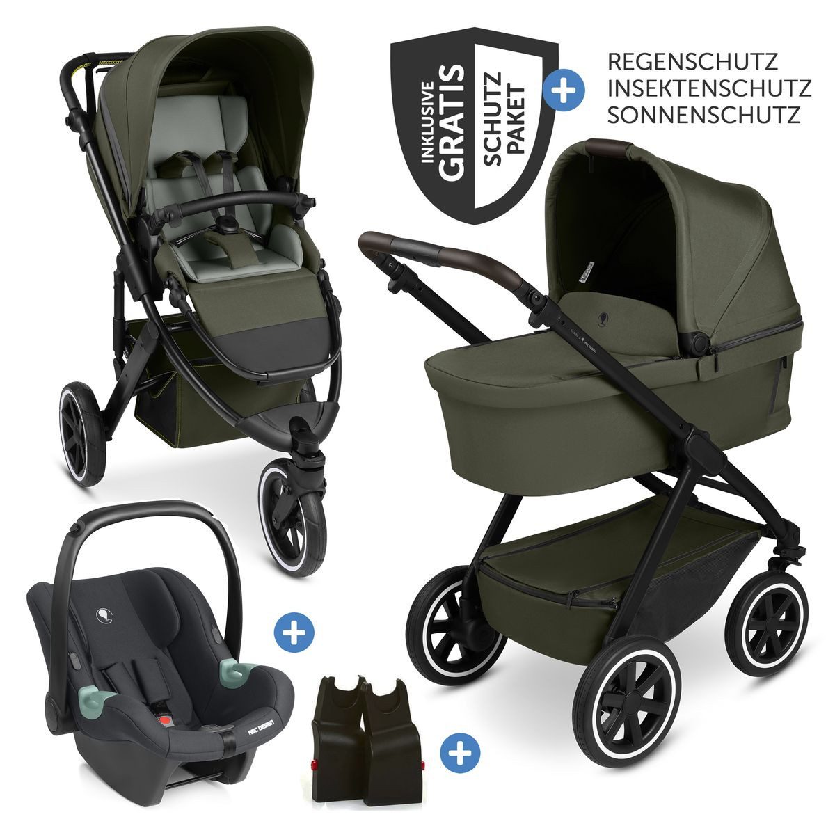 ABC Design Kombi-Kinderwagen Salsa 5 Run - Pure - Advocado, 3in1 Kinderwagen Set mit Lufträdern, Babywanne, Babyschale & Sportsitz